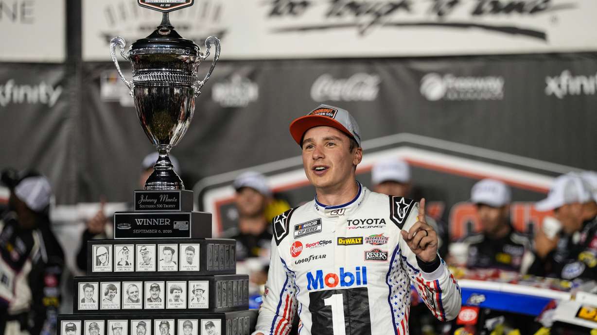 Christopher Bell celebrates in Victory Lane after winning a NASCAR Cup Series auto race Sunday, Sept. 6, 2026, in Darlington, S.C.
