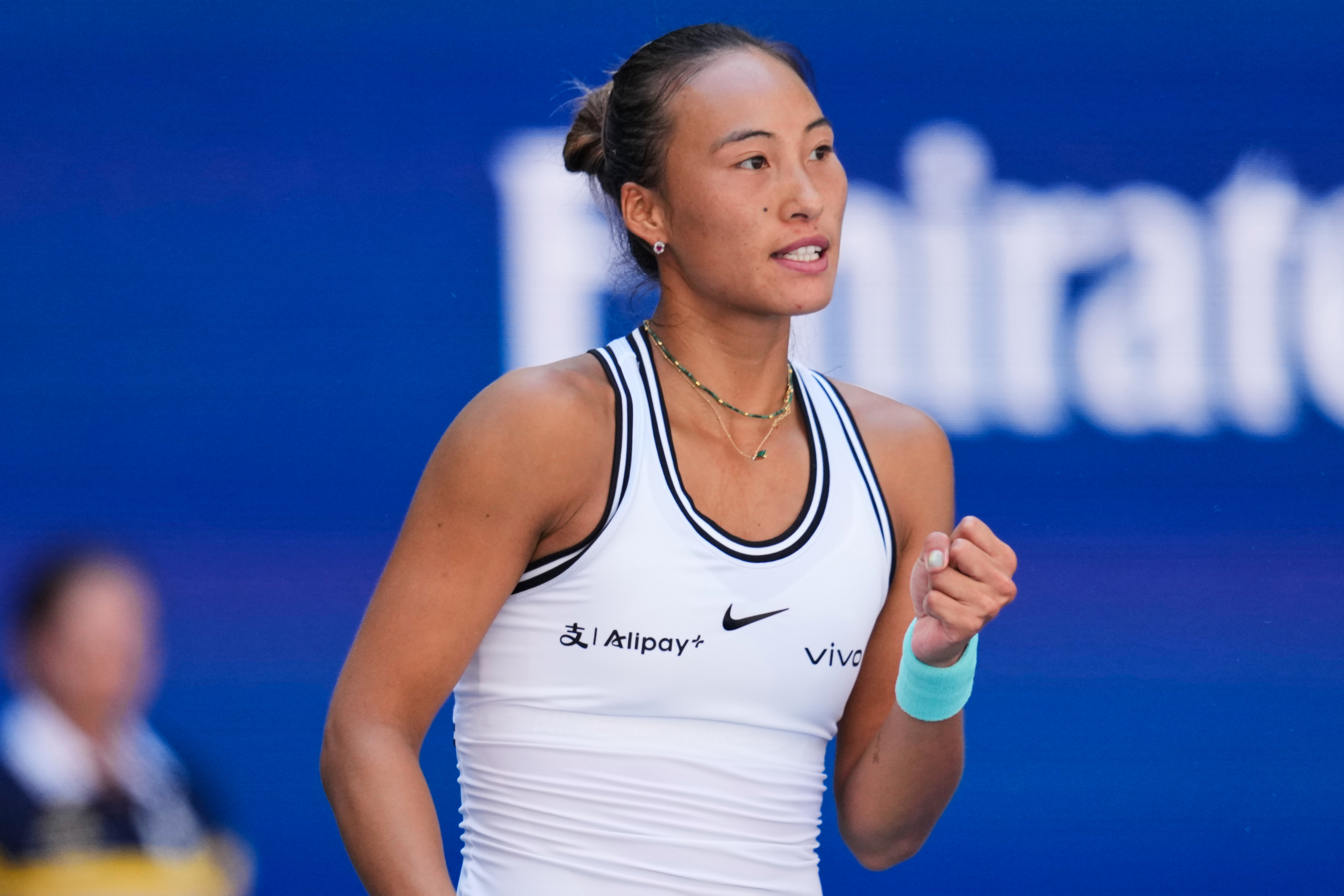 Qinwen Zheng, of China, reacts during a match against Iga Swiatek, of Poland, during the fourth round of the U.S. Open tennis championships, Monday, Sept. 7, 2026, in New York. 