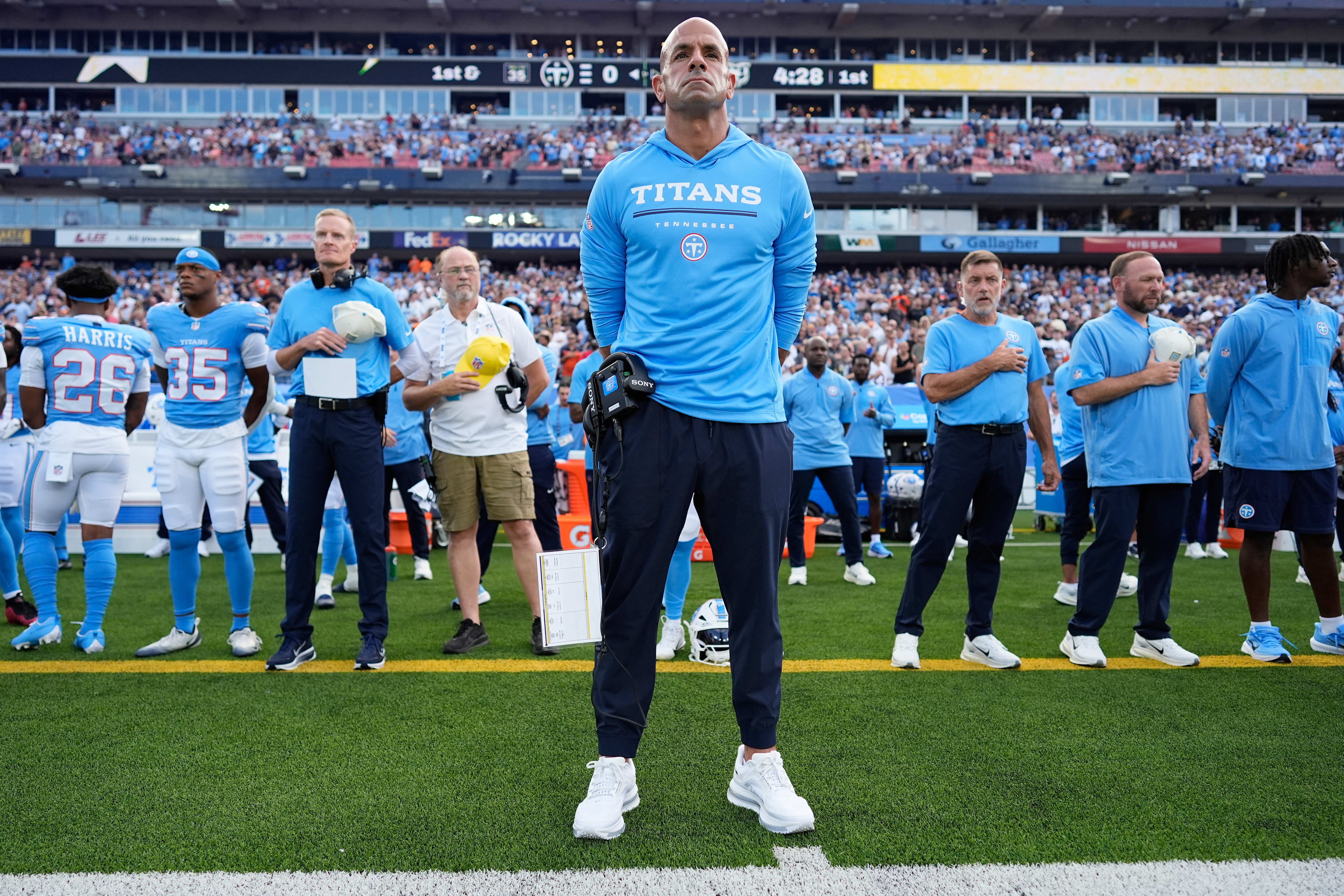 Tennessee Titans head coach Robert Saleh looks on prior to a preseason NFL football game against the Chicago Bears, Saturday, Aug. 29, 2026, in Nashville, Tenn. 