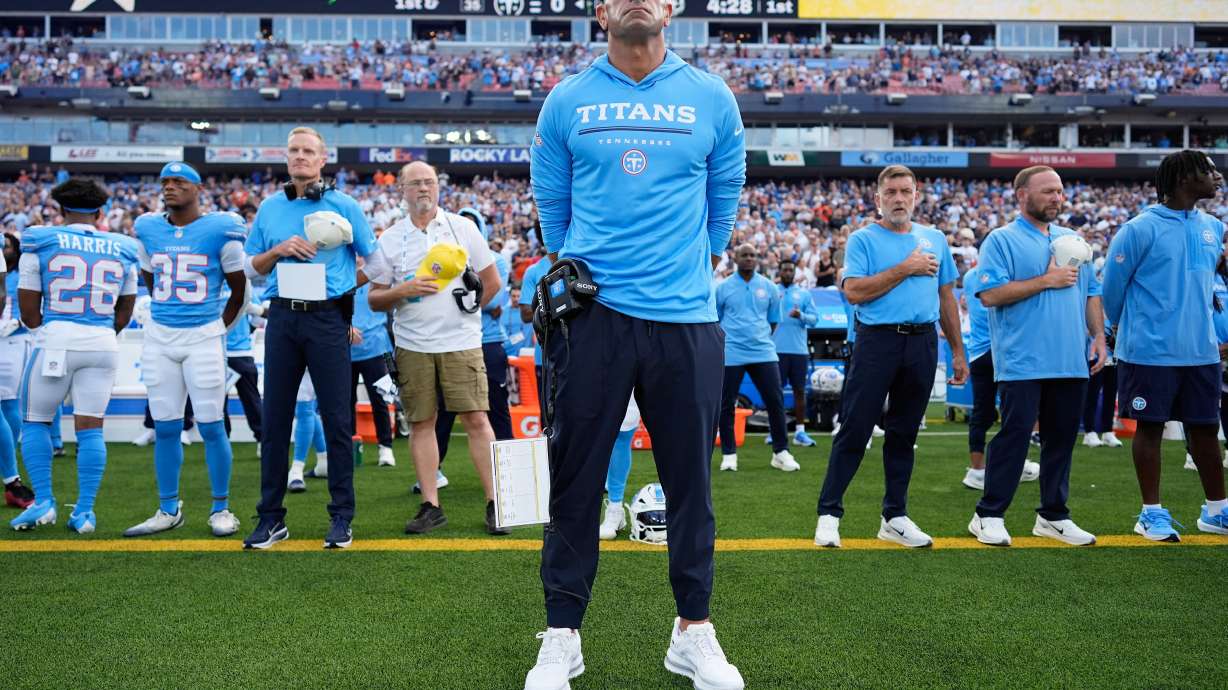 Tennessee Titans head coach Robert Saleh looks on prior to a preseason NFL football game against the Chicago Bears, Saturday, Aug. 29, 2026, in Nashville, Tenn.