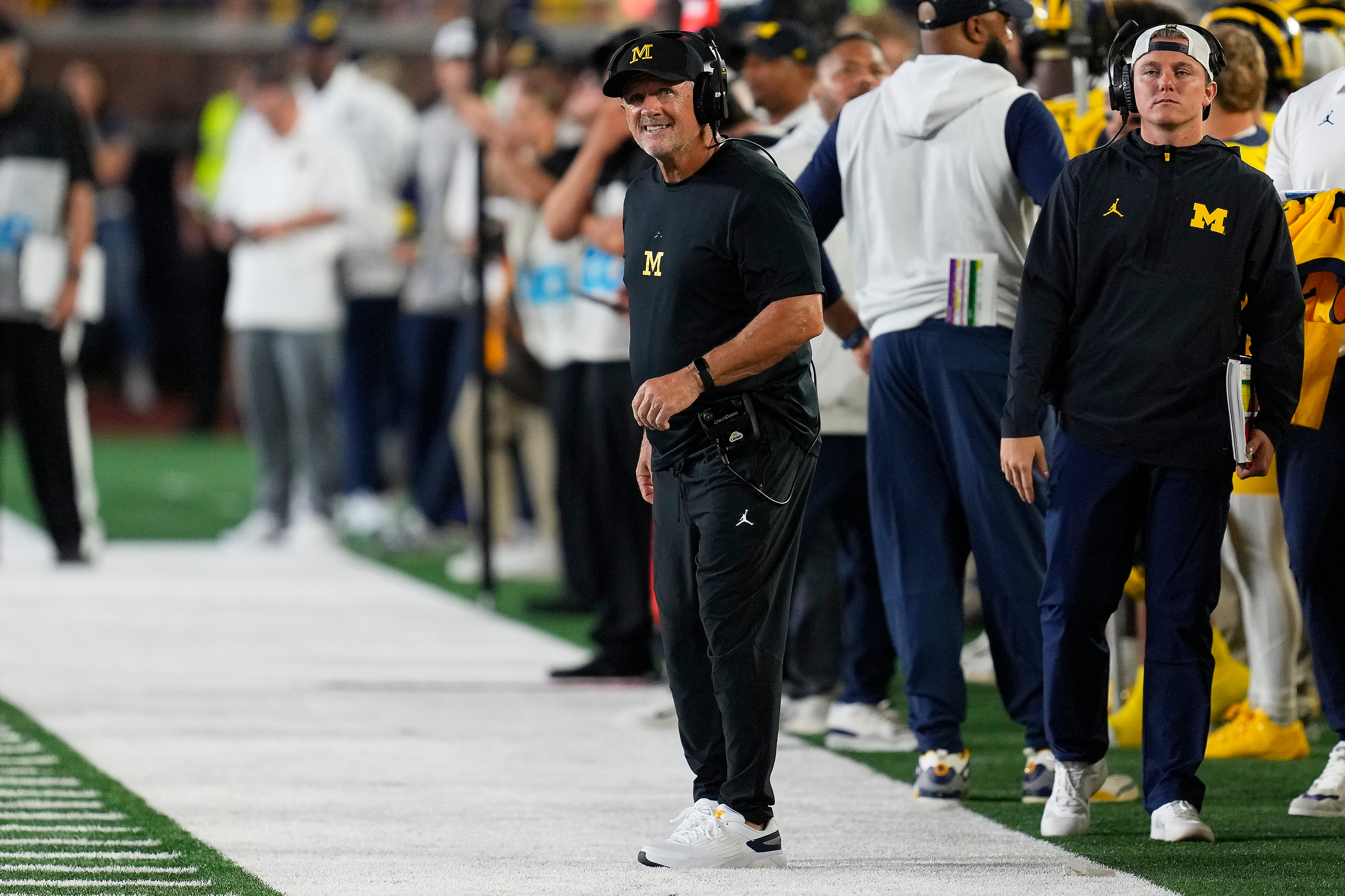 Michigan head coach Kyle Whittingham watches against Western Michigan during the first half of an NCAA college football game Saturday, Sept. 5, 2026, in Ann Arbor, Mich. 
