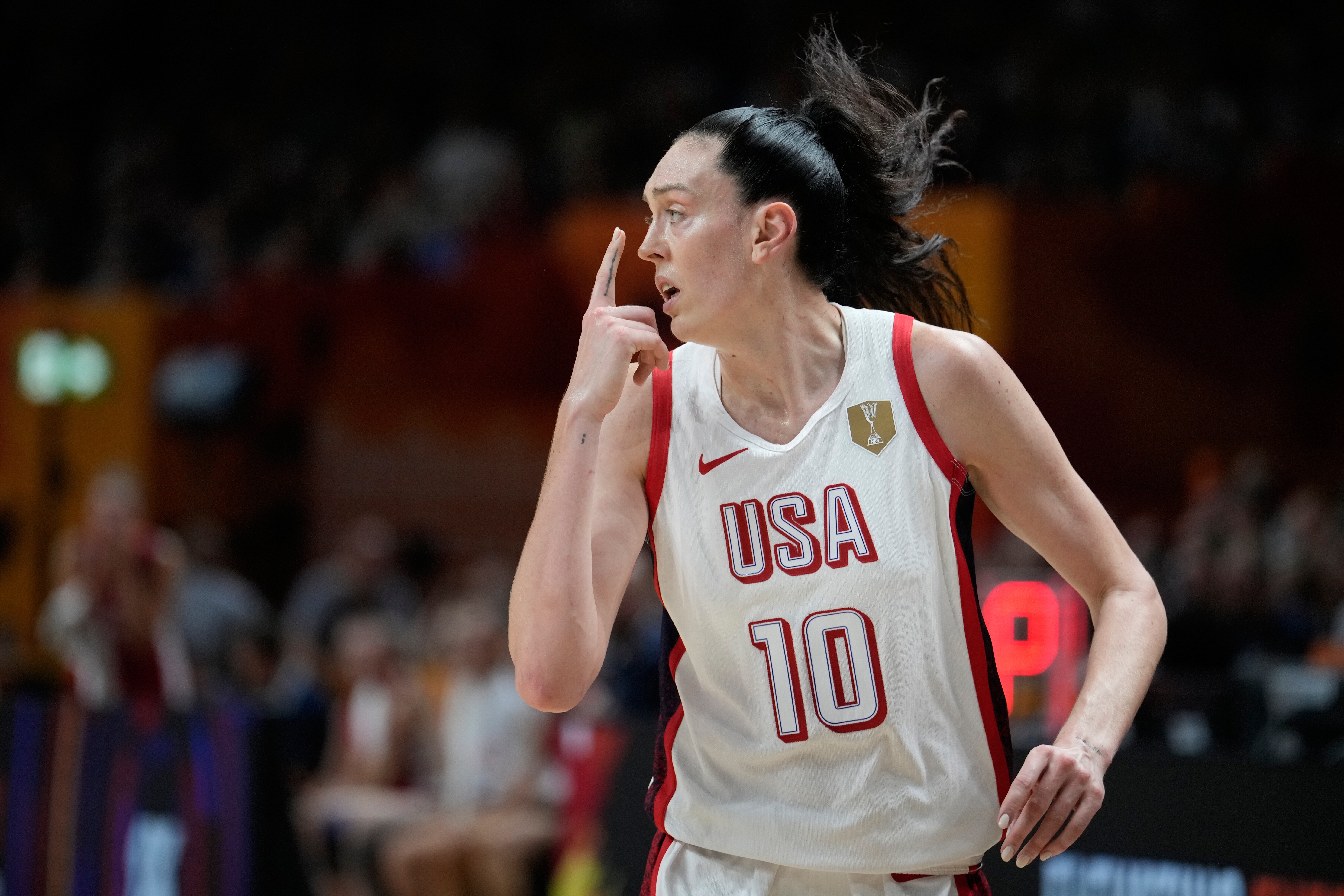 Breanna Stewart, of the United States, reacts during the Women's Basketball World Cup match between the United States and Czechia in Berlin, Monday, Sept. 7, 2026. 