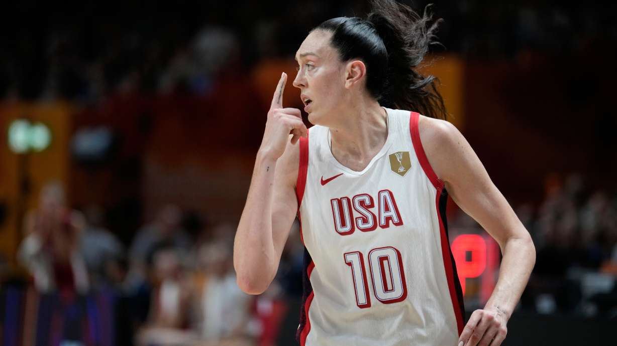Breanna Stewart, of the United States, reacts during the Women's Basketball World Cup match between the United States and Czechia in Berlin, Monday, Sept. 7, 2026.