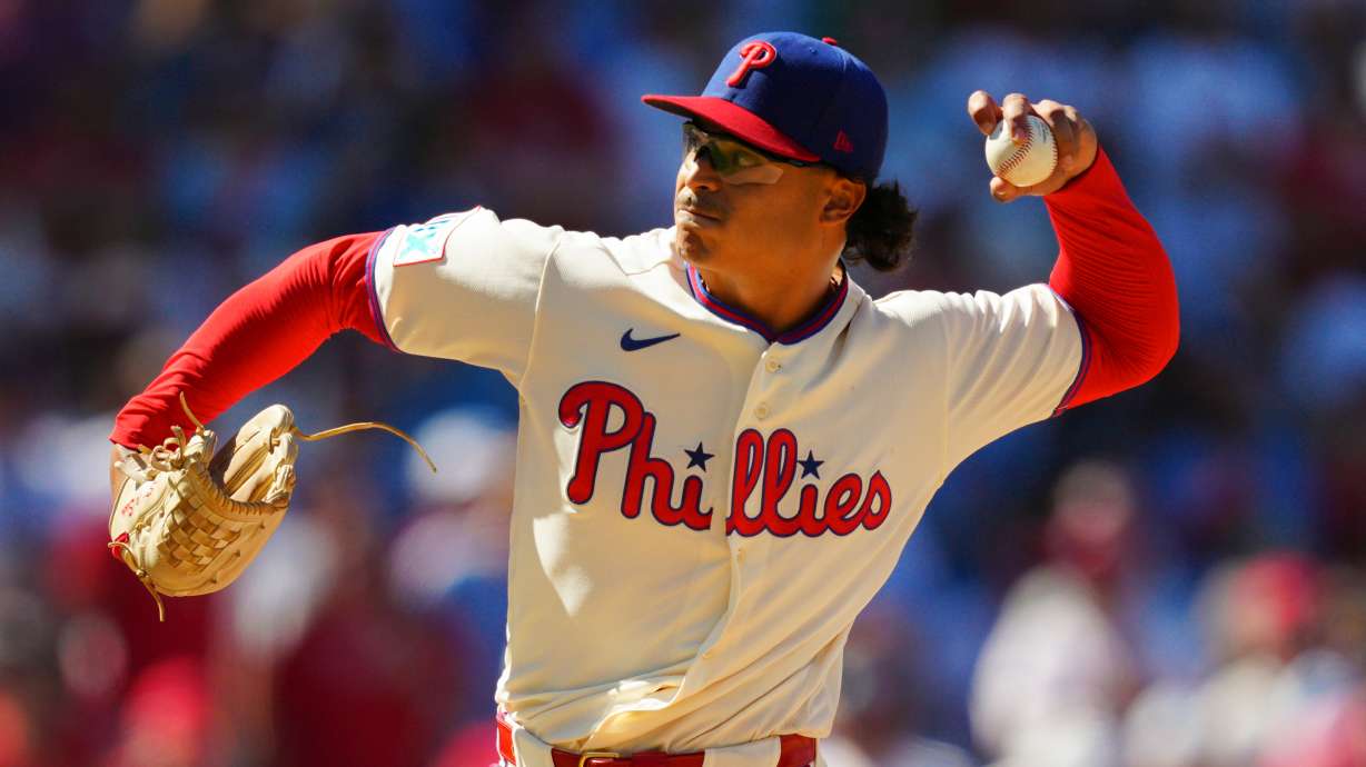 Philadelphia Phillies pitcher Jesús Luzardo throws during the ninth inning of a baseball game against the Atlanta Braves, Monday, Sept. 7, 2026, in Philadelphia.
