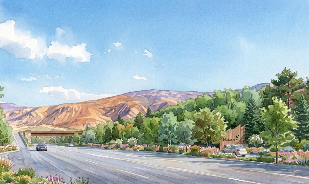 An artist's rendering depicts the Vesper Amphitheater, a large music venue to be built near the base of Provo Canyon.