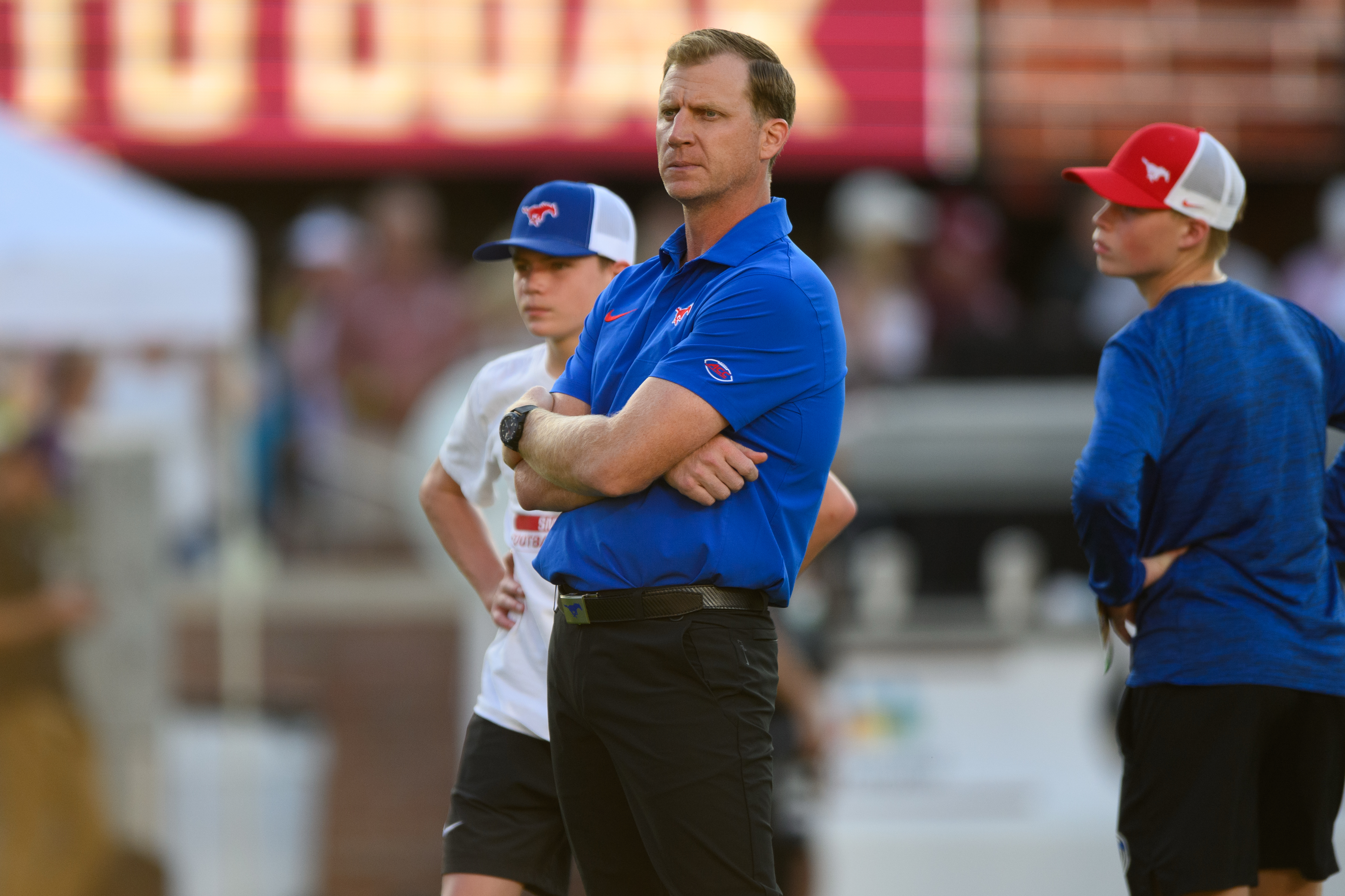 SMU head coach Rhett Lashlee watches his team during warmups Monday, Sept. 7, 2026, in Tallahassee, Fla. 