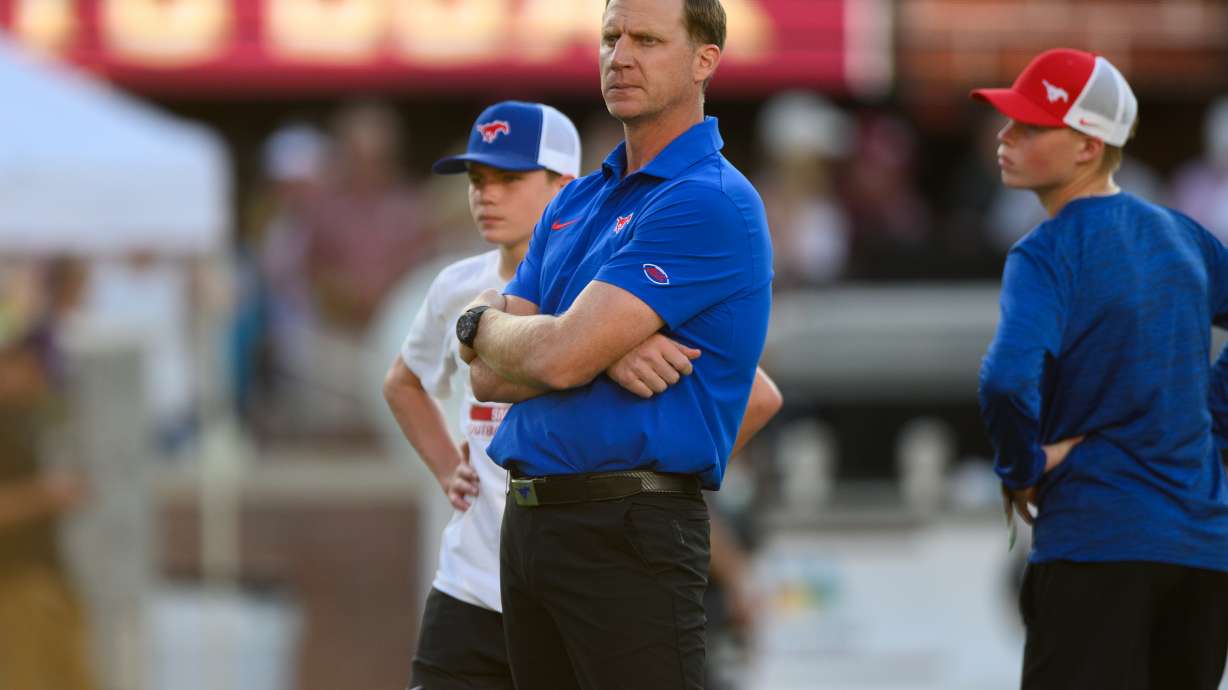 SMU head coach Rhett Lashlee watches his team during warmups Monday, Sept. 7, 2026, in Tallahassee, Fla.