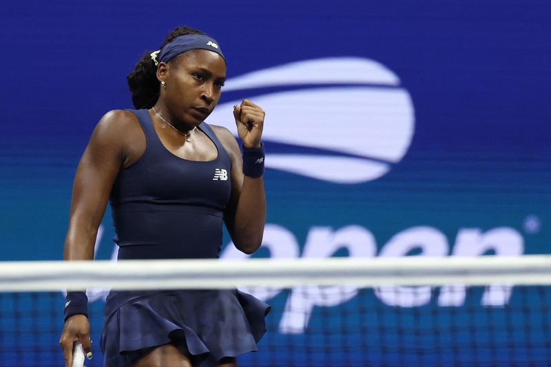 Tennis - U.S. Open - Flushing Meadows, New York, United States - September 7, 2026 Coco Gauff of the U.S. celebrates winning a point during her round of 16 match against Iva Jovic of the U.S. IMAGN IMAGES via Reuters/Geoff Burke