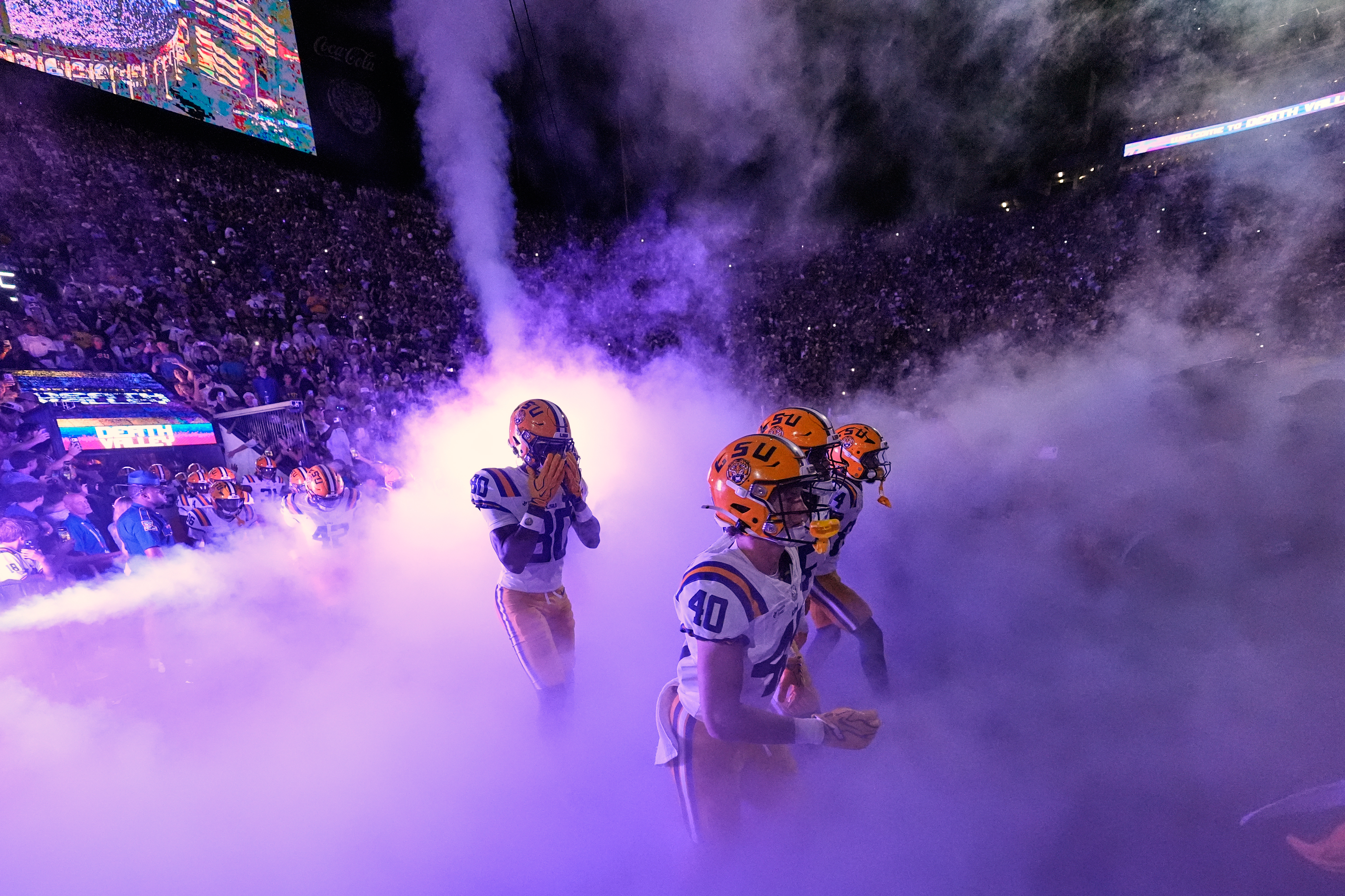 LSU takes to the field before an NCAA college football game against Clemson, Saturday, Sept. 5, 2026 in Baton Rouge, La. 