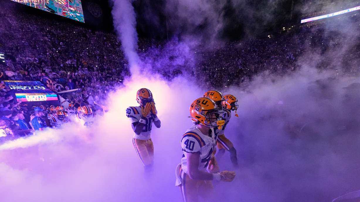 LSU takes to the field before an NCAA college football game against Clemson, Saturday, Sept. 5, 2026 in Baton Rouge, La.