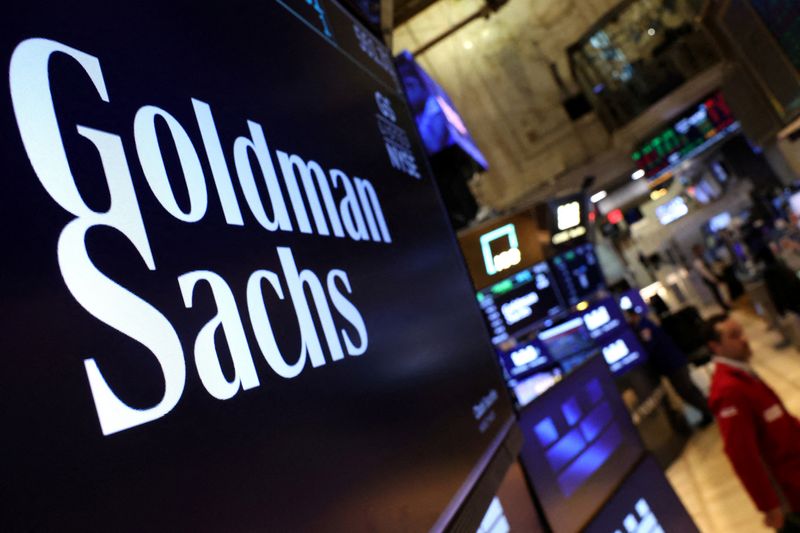 FILE PHOTO: A screen displays the the company logo for Goldman Sachs on the floor at the New York Stock Exchange (NYSE) in New York City, U.S., May 7, 2025.