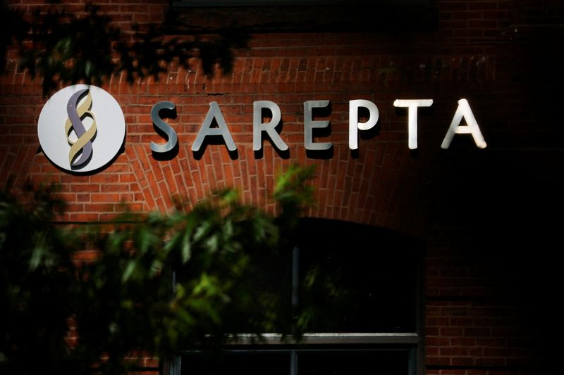 A sign marks the offices of Sarepta Therapeutics in Cambridge, Massachusetts, U.S., July 22, 2025.