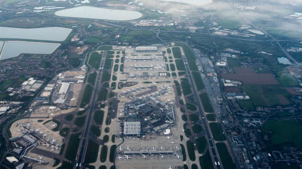 Heathrow Airport on Oct. 6 in London. The airport and many others across the U.K. were affected by an air traffic control issue, leading to over 600 flights being canceled.
