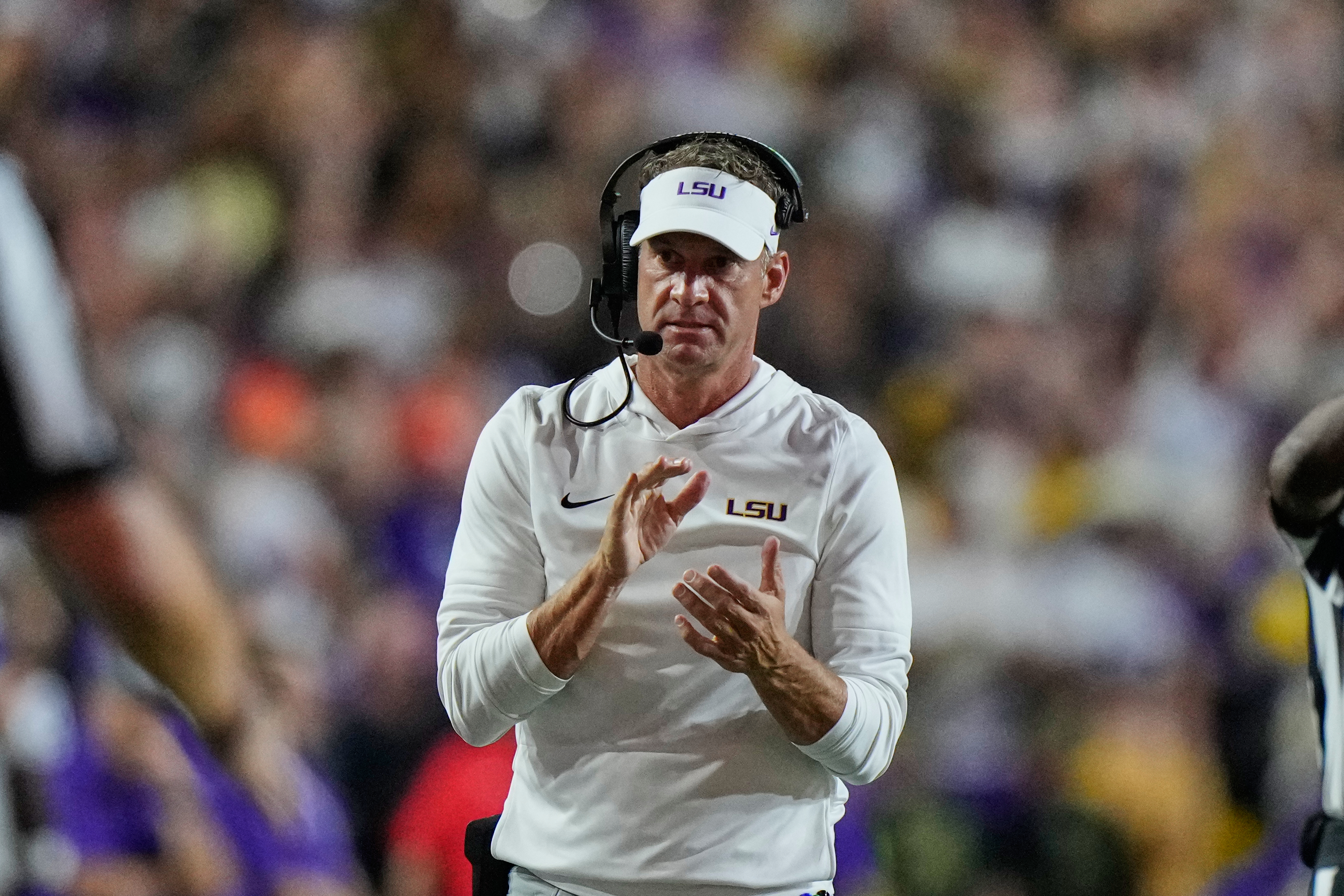 LSU head coach Lane Kiffin reacts in the first half of an NCAA college football game against Clemson, Saturday, Sept. 5, 2026 in Baton Rouge, La. 