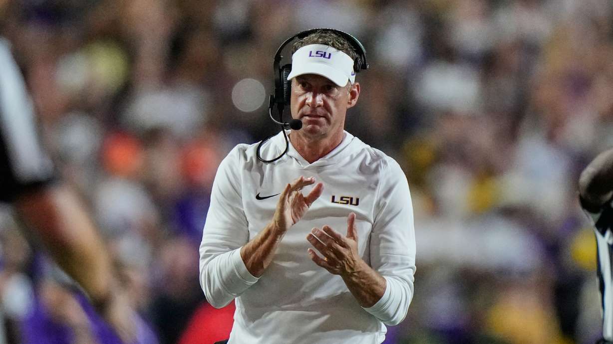 LSU head coach Lane Kiffin reacts in the first half of an NCAA college football game against Clemson, Saturday, Sept. 5, 2026 in Baton Rouge, La.