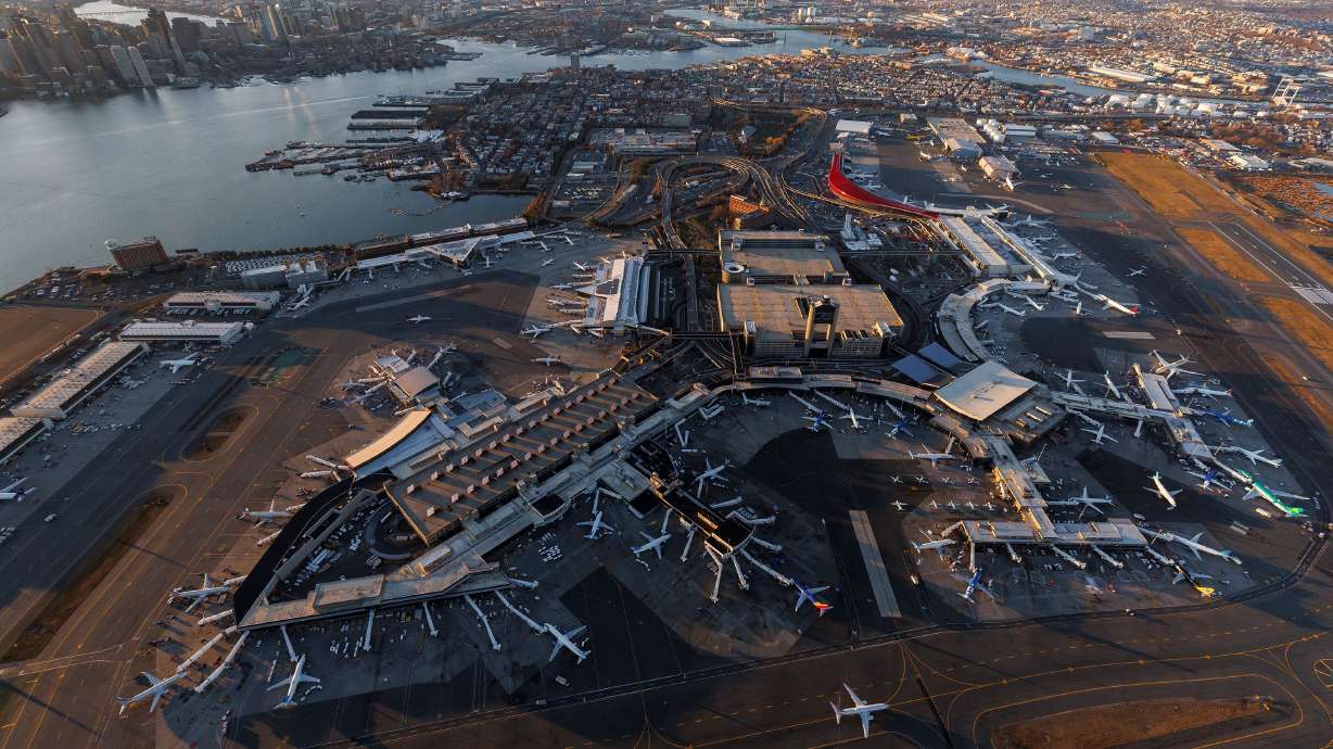 An aerial view shows the entirety of Boston Logan International Airport in December 2025.