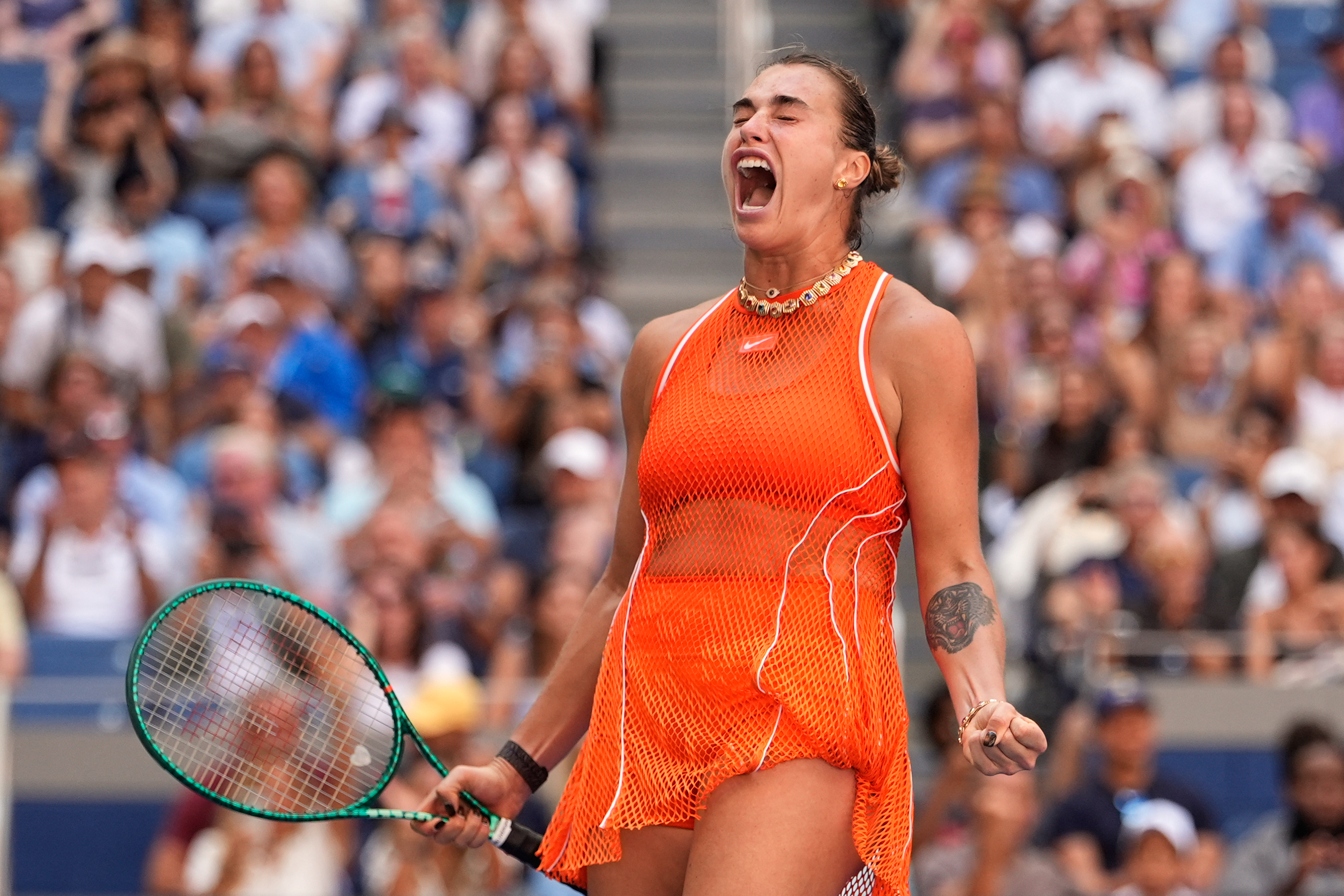Aryna Sabalenka, of Belarus, celebrates winning a match against Linda Noskova, of the Czech Republic, during the quarterfinal round of the U.S. Open tennis championships, Tuesday, Sept. 8, 2026, in New York. 