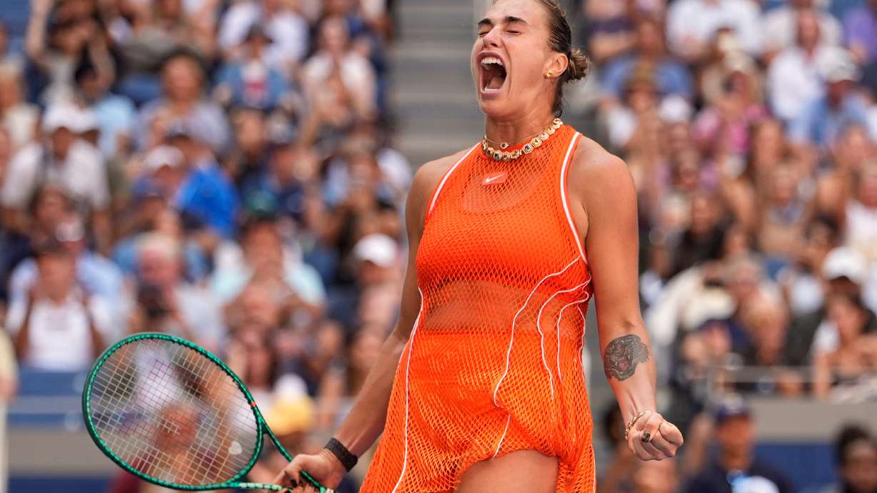Aryna Sabalenka, of Belarus, celebrates winning a match against Linda Noskova, of the Czech Republic, during the quarterfinal round of the U.S. Open tennis championships, Tuesday, Sept. 8, 2026, in New York.