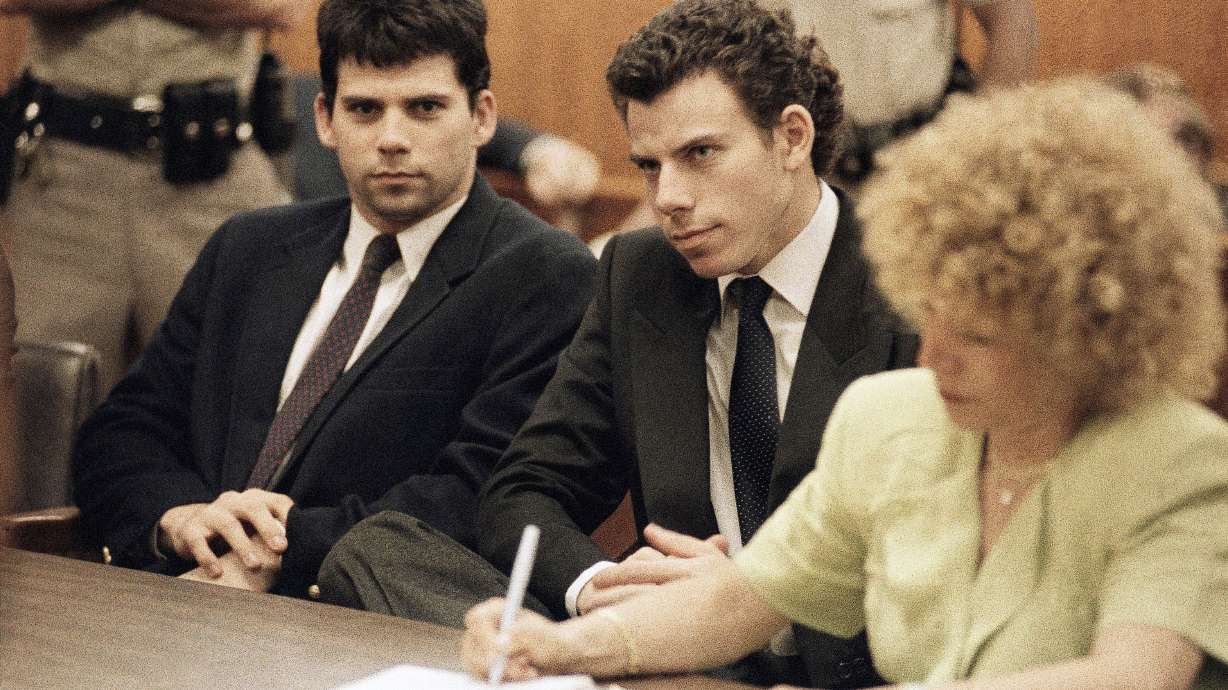 Lyle, left, and Erik Galen Menendez sit in a courtroom in Beverly Hills, Calif., May 14, 1990. They will face a parole board again in March 2027 after getting an early parole suitability hearing.