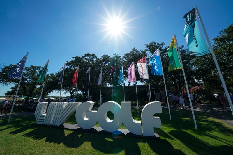 FILE PHOTO: Jun 28, 2025; Carrollton, Texas, USA; The LIV Golf logo and team flags near the tenth tee during the second round of the LIV Golf Dallas golf tournament at Maridoe Golf Club.
