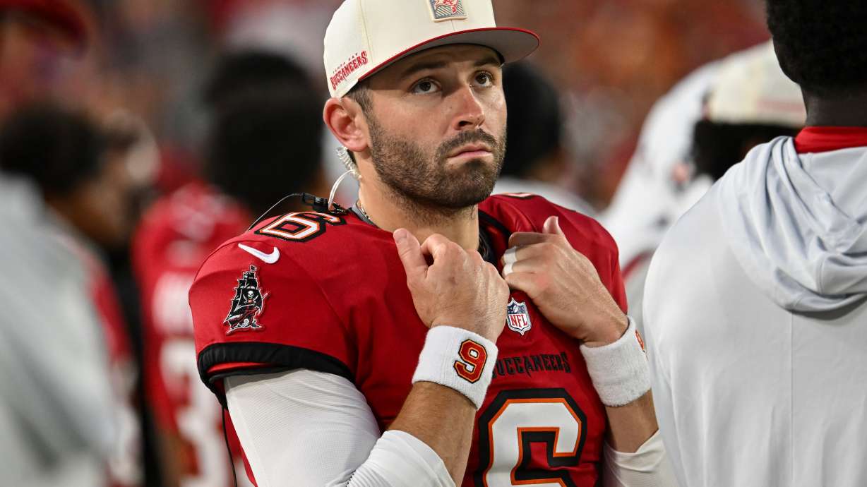 Tampa Bay Buccaneers quarterback Baker Mayfield (6) watches play against the Kansas City Chiefs in the first half an NFL football game, Saturday, Aug. 22, 2026, in Tampa, Fla.