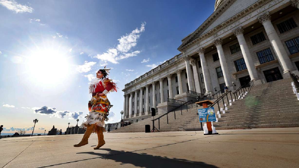 Selena Sanchez, of the Northern Ute Tribe, performs a jingle dress dance for a small group gathered at the Capitol in Salt Lake City on April 24, 2022. A federal appeals court has rejected the Ute Indian Tribe's effort to gain ownership of roughly 1.5 million acres in eastern Utah.