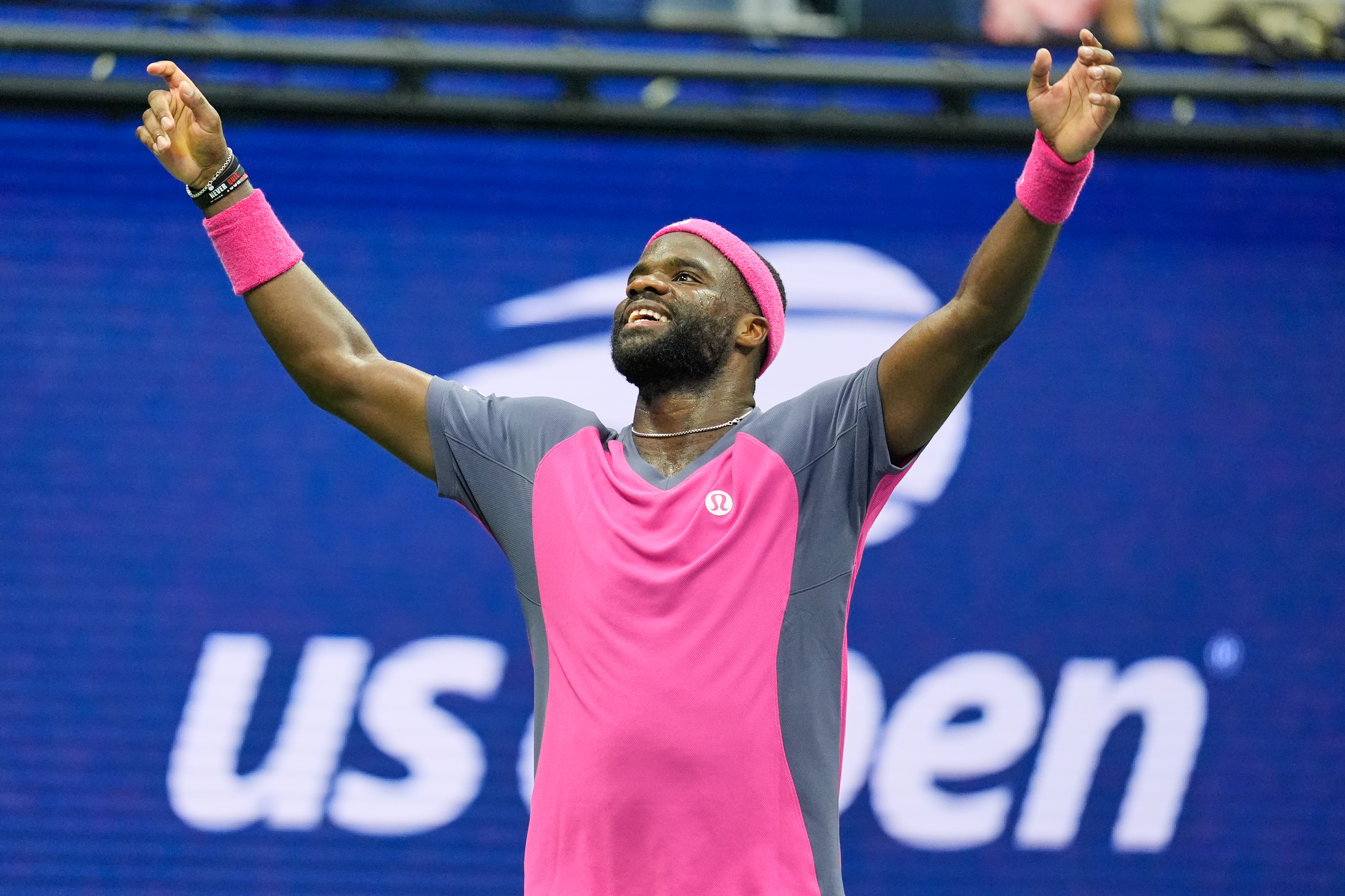 Frances Tiafoe, of the United States, celebrates winning a match against Alex Michelsen, of the United States, during the quarterfinal round of the U.S. Open tennis championships, Tuesday, Sept. 8, 2026, in New York. 