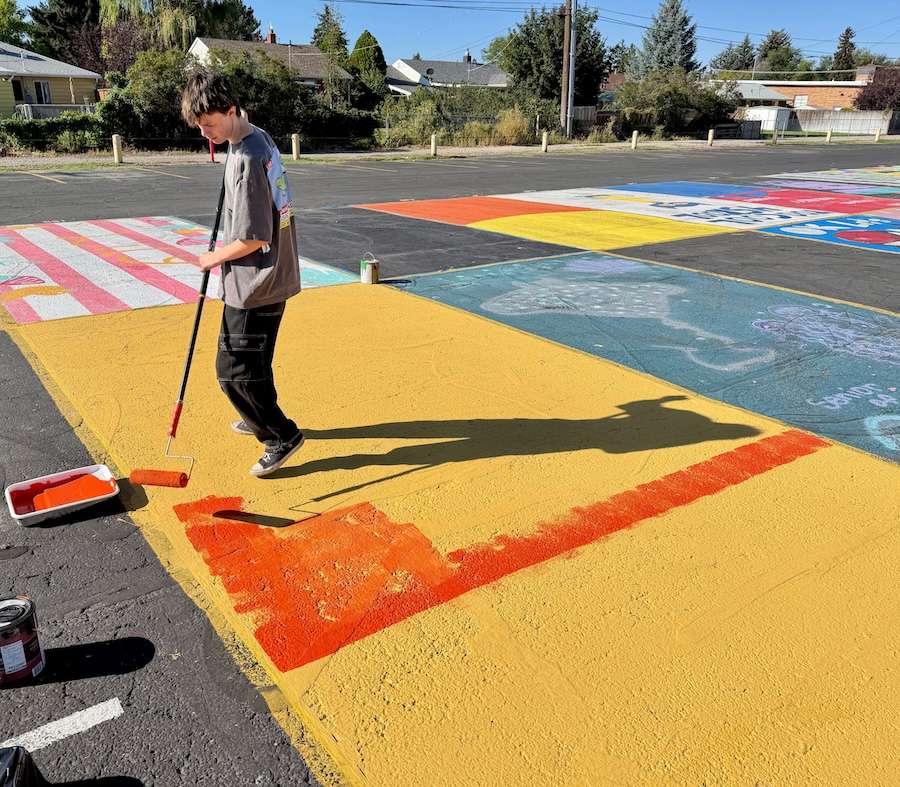 Parking lot art done by an Idaho Falls high school senior on display on Monday.