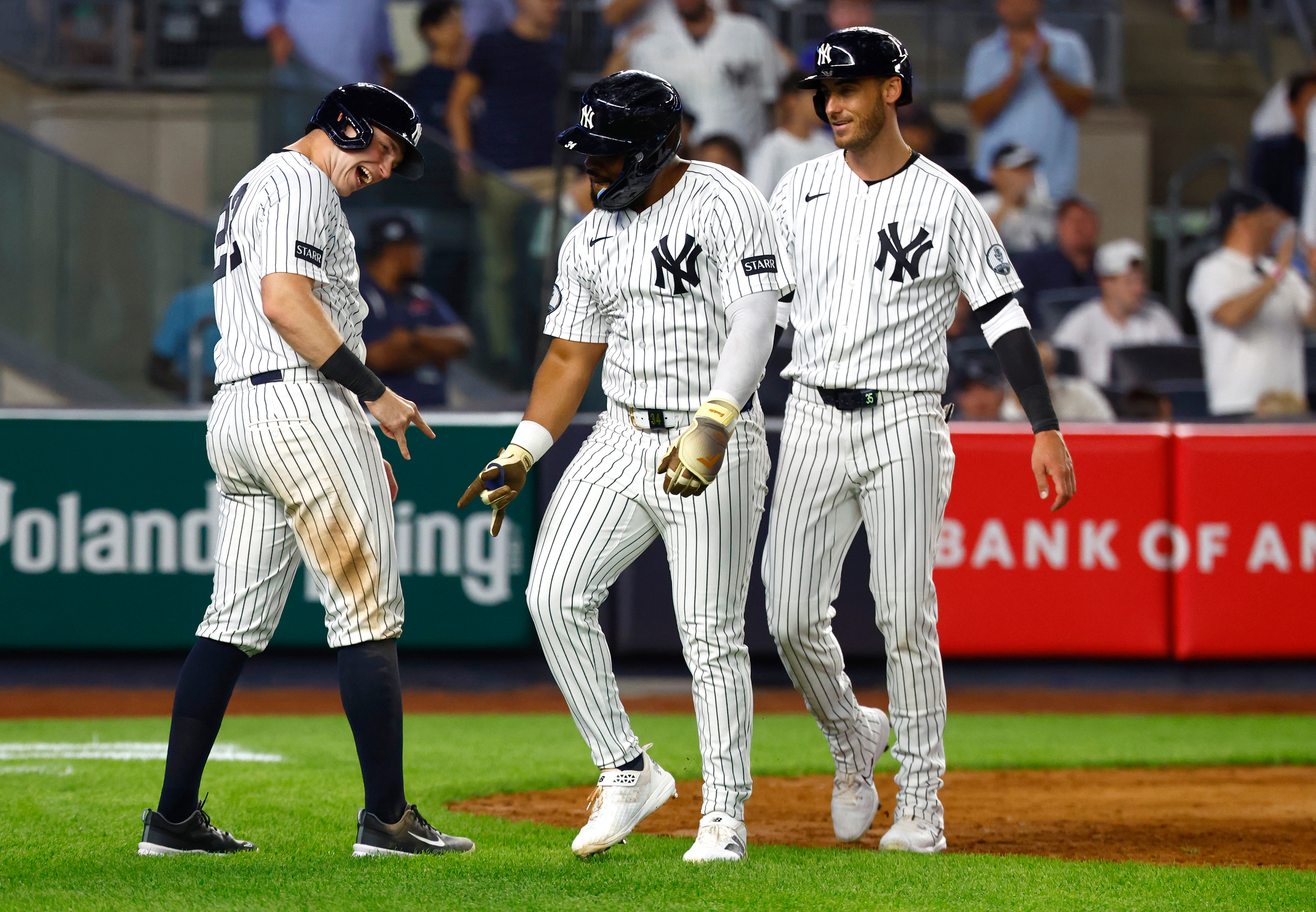 New York Yankees' Ben Rice, left and Heliot Ramos, right , celebrate after Ramos three-run home run during the eighth inning of a baseball game against theColorado Rockies , Tuesday, Sept. 8, 2026, in New York. 