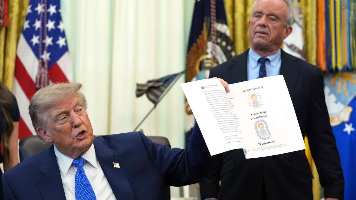 President Donald Trump holds up an image taken from his Truth Social account as Health and Human Services Secretary Robert F. Kennedy Jr. watches during a meeting to sign an executive order about vaccines, Aug. 10, in the Oval Office of the White House in Washington.