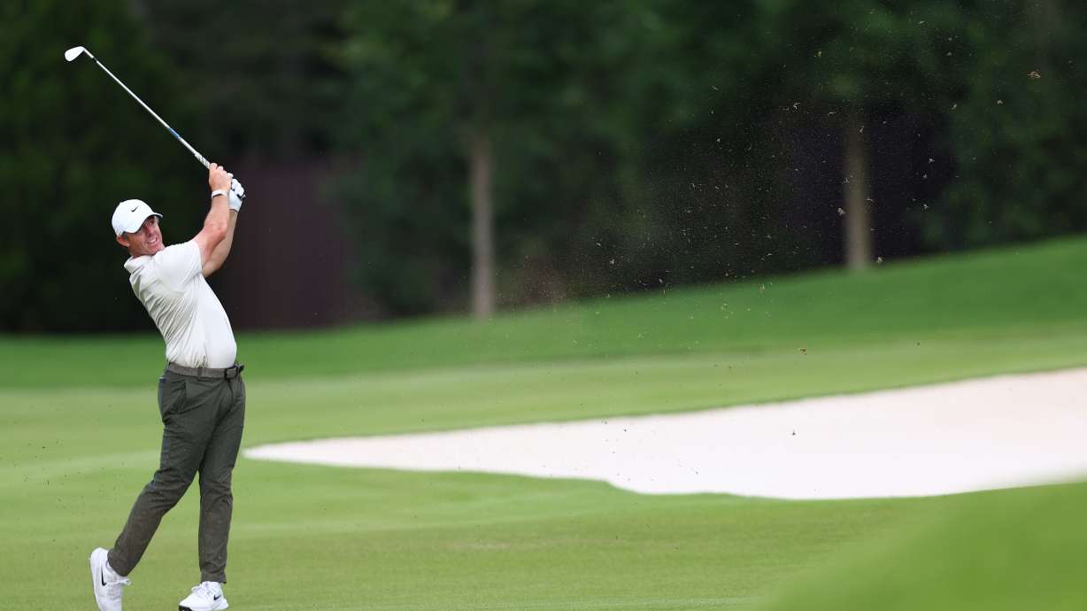 Rory McIlroy, of Northern Ireland, hits from the seventh fairway during the final round of the PGA Tour Championship golf tournament Sunday, Aug. 30, 2026, in Atlanta.