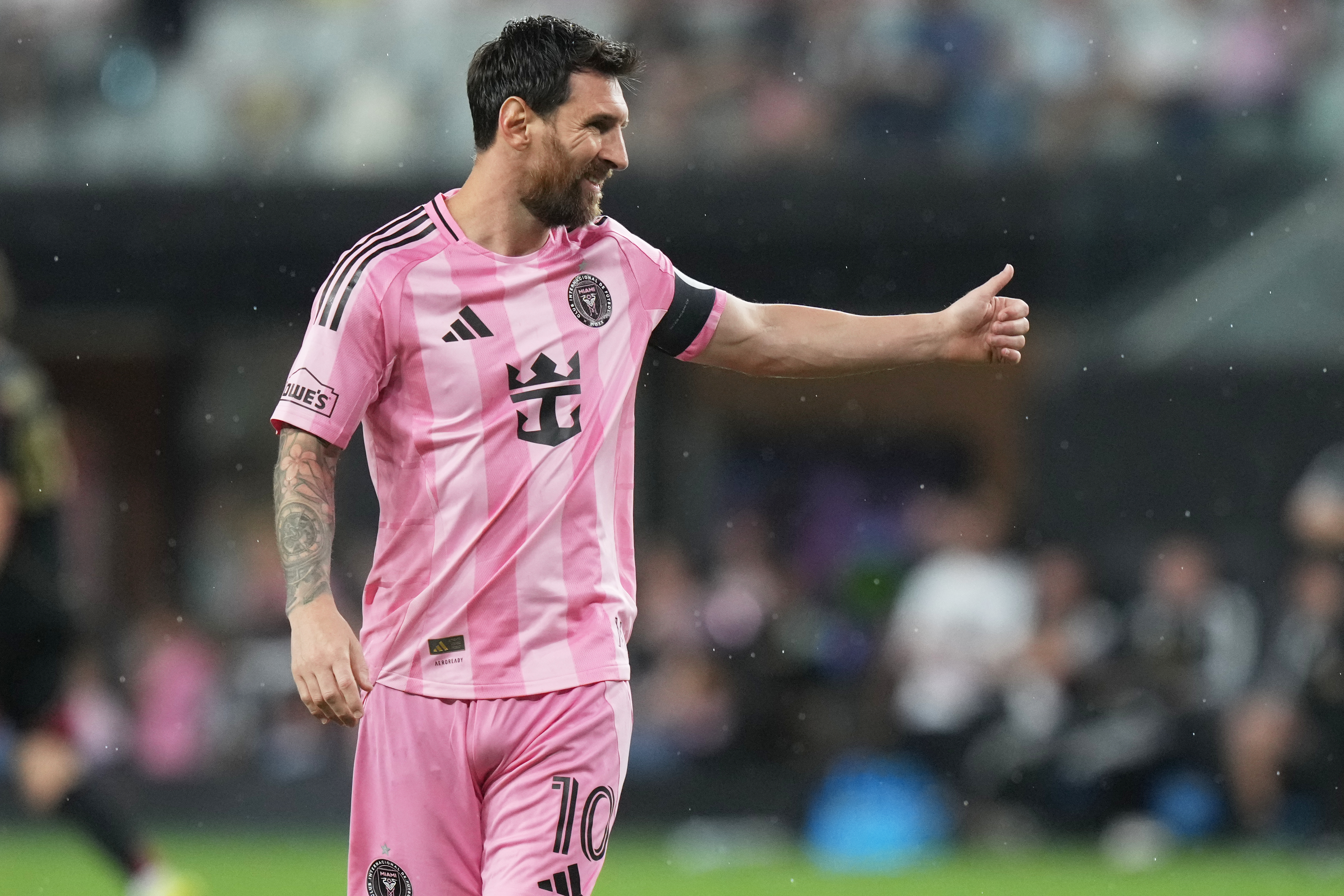 Inter Miami forward Lionel Messi (10) gestures during the second half of an MLS soccer match against Atlanta United, Saturday, Sept. 5, 2026, in Miami. 