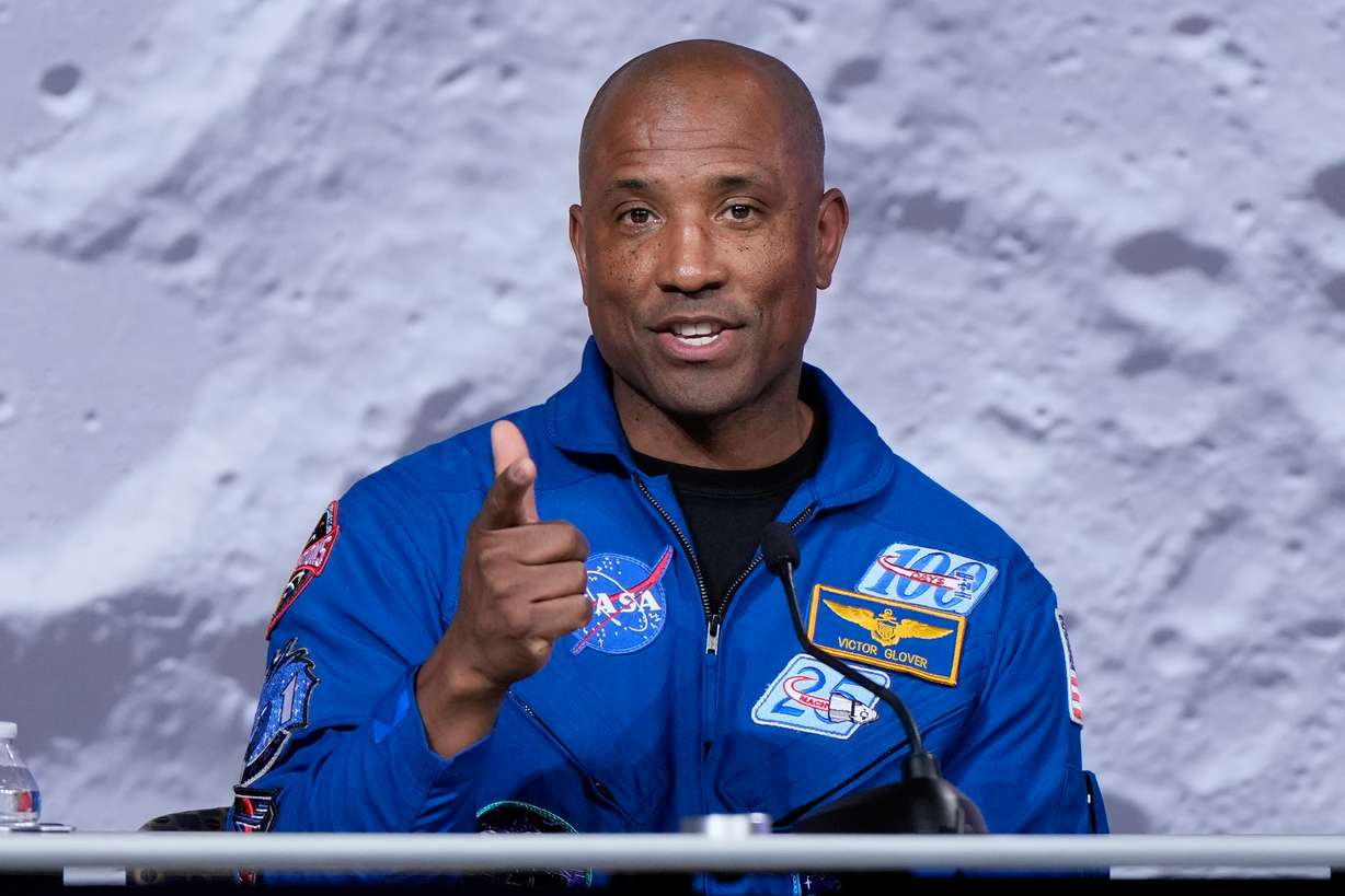 NASA astronaut Victor Glover, a member of the NASA's Artemis II crew, speaks during a news conference on April 16, 2026, in Houston.