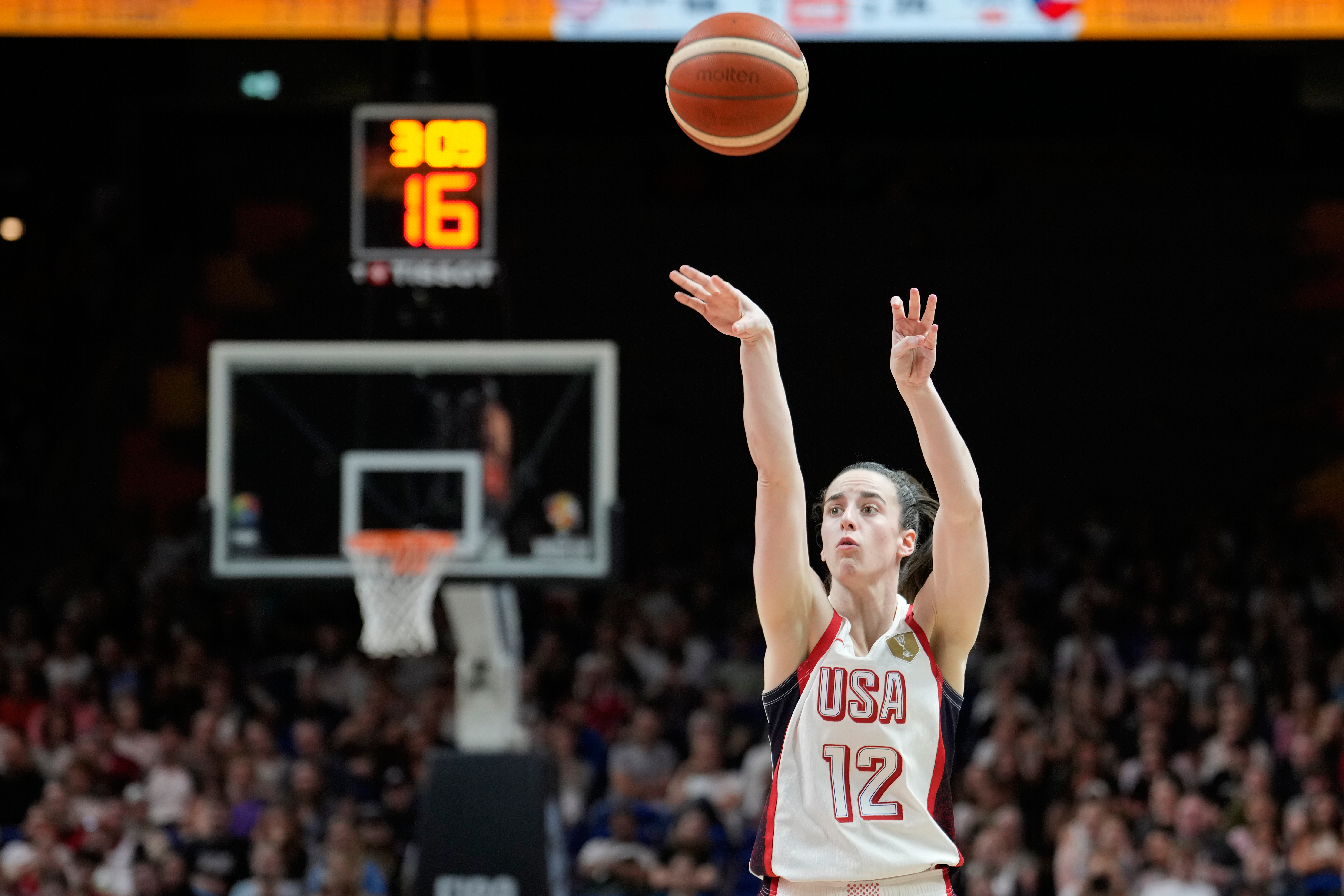 Caitlin Clark, of the United States, shoots during the Women's Basketball World Cup match between the United States and Czechia in Berlin, Monday, Sept. 7, 2026. 
