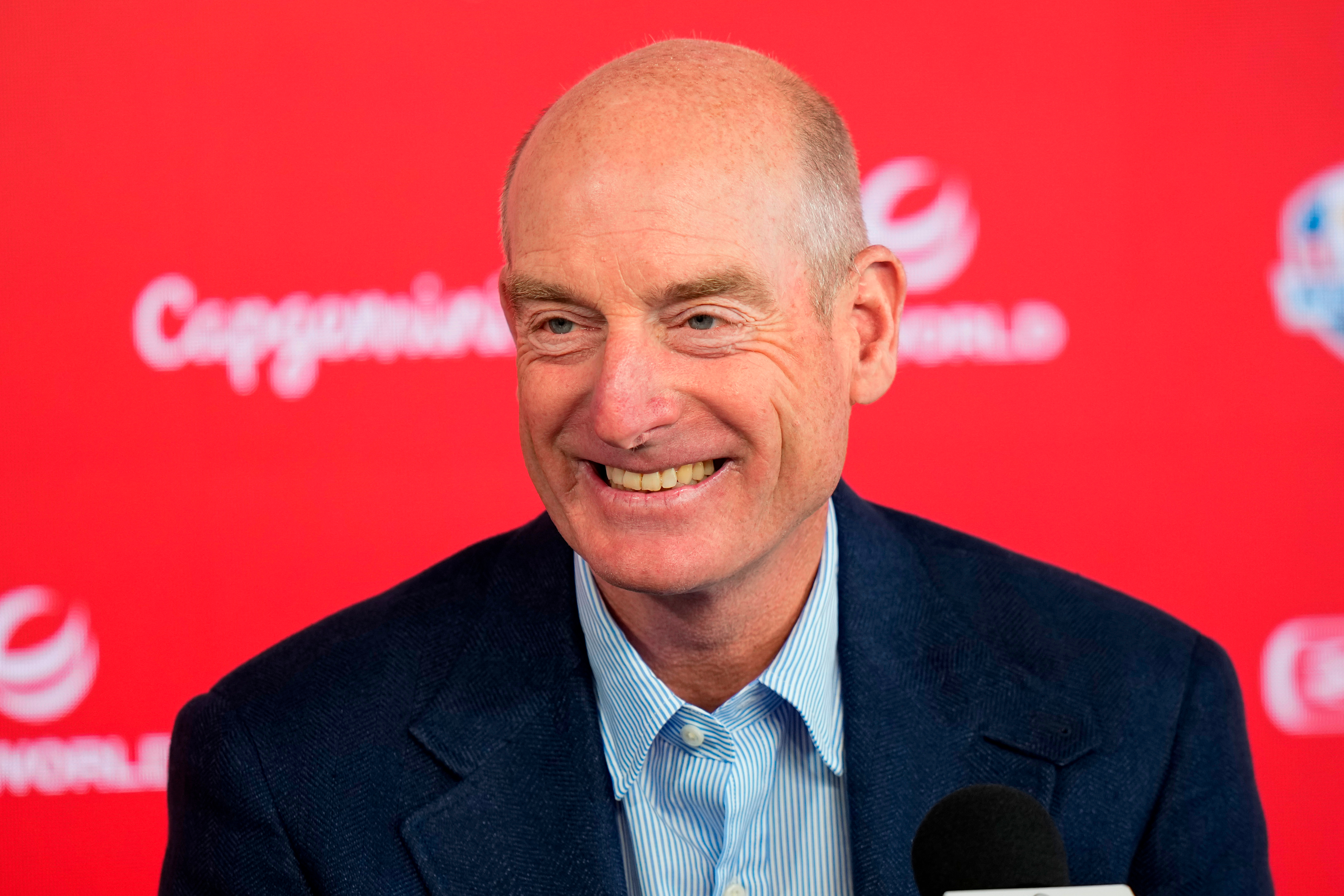 FILE - Jim Furyk speaks to the media at the PGA Championship golf tournament at Aronimink Golf Club, May 13, 2026, in Newtown Square, Pa. 