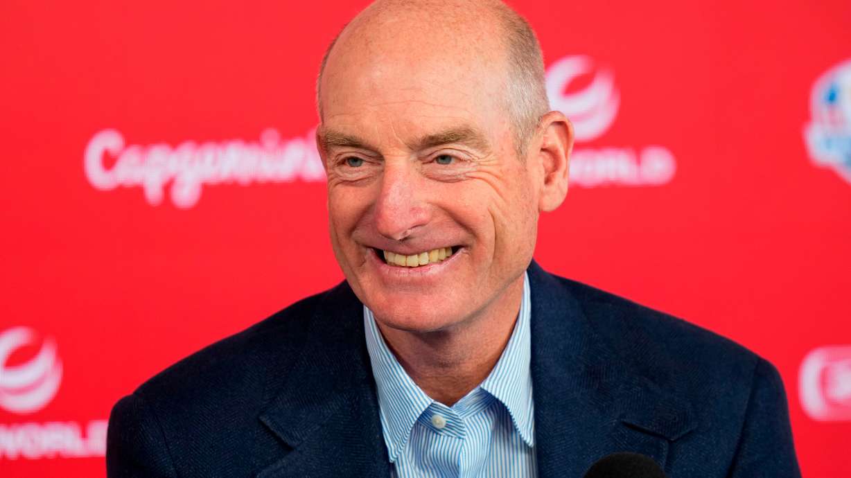 FILE - Jim Furyk speaks to the media at the PGA Championship golf tournament at Aronimink Golf Club, May 13, 2026, in Newtown Square, Pa.