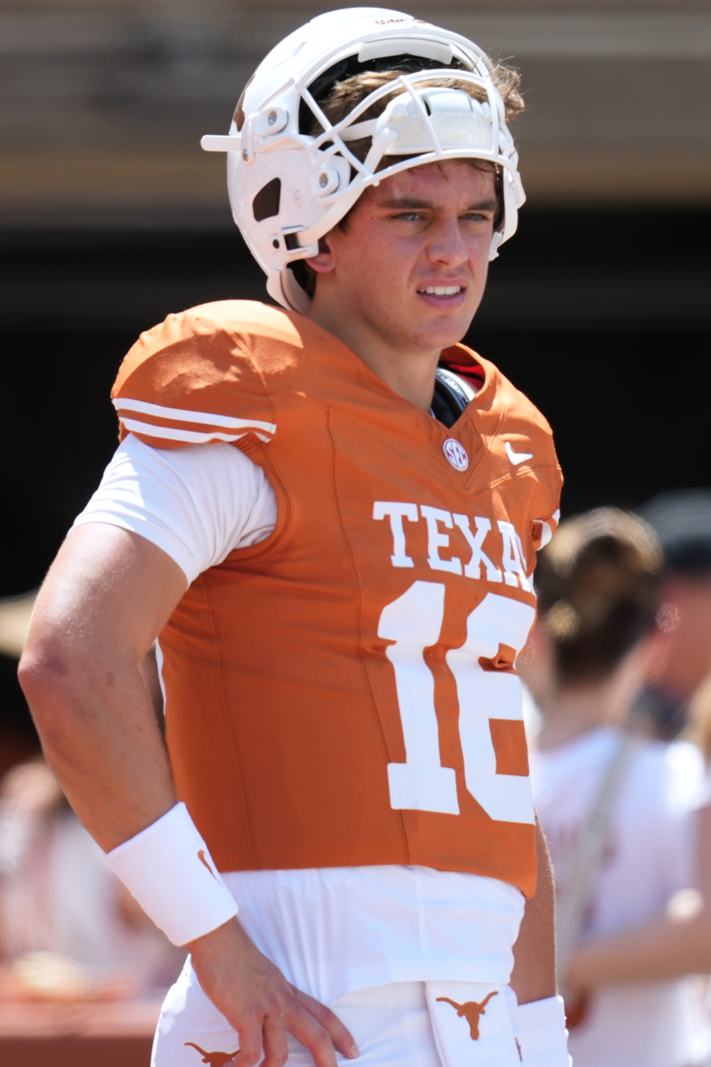 Texas quarterback Arch Manning warms up before an NCAA college football game against Texas State in Austin, Texas, Saturday, Sept. 5, 2026. 
