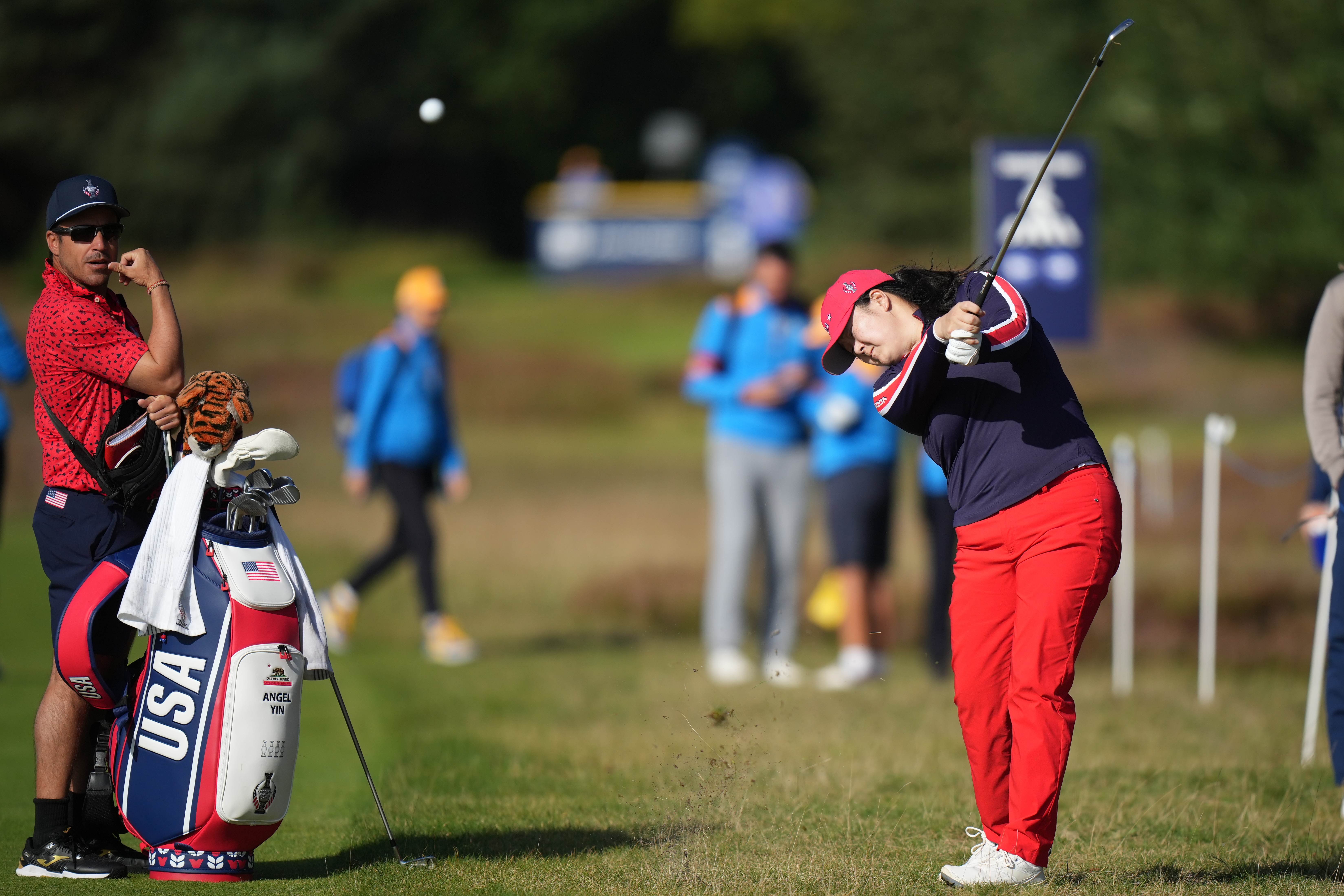 Angel Yin of the United States plays from the rough on the 5th hole during a practice round for the Solheim Cup at the Bernardus Golf course in Vught, Netherlands, Wednesday, Sept. 9, 2026. 