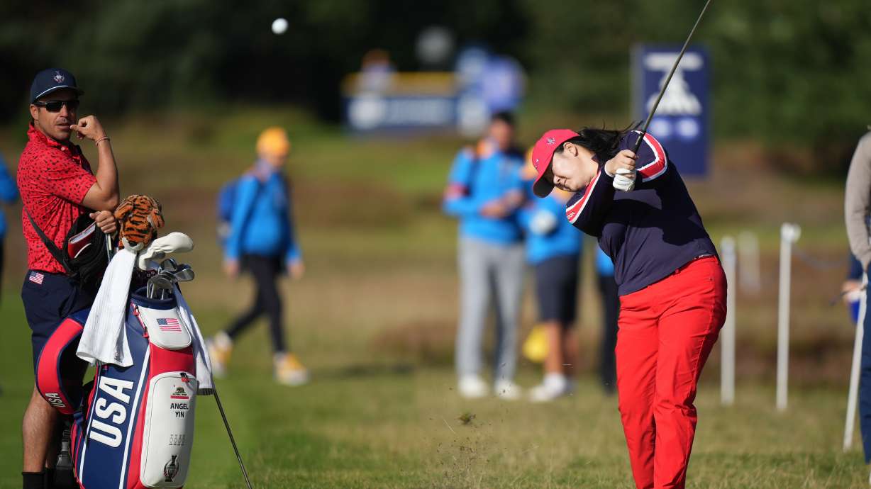 Angel Yin of the United States plays from the rough on the 5th hole during a practice round for the Solheim Cup at the Bernardus Golf course in Vught, Netherlands, Wednesday, Sept. 9, 2026.