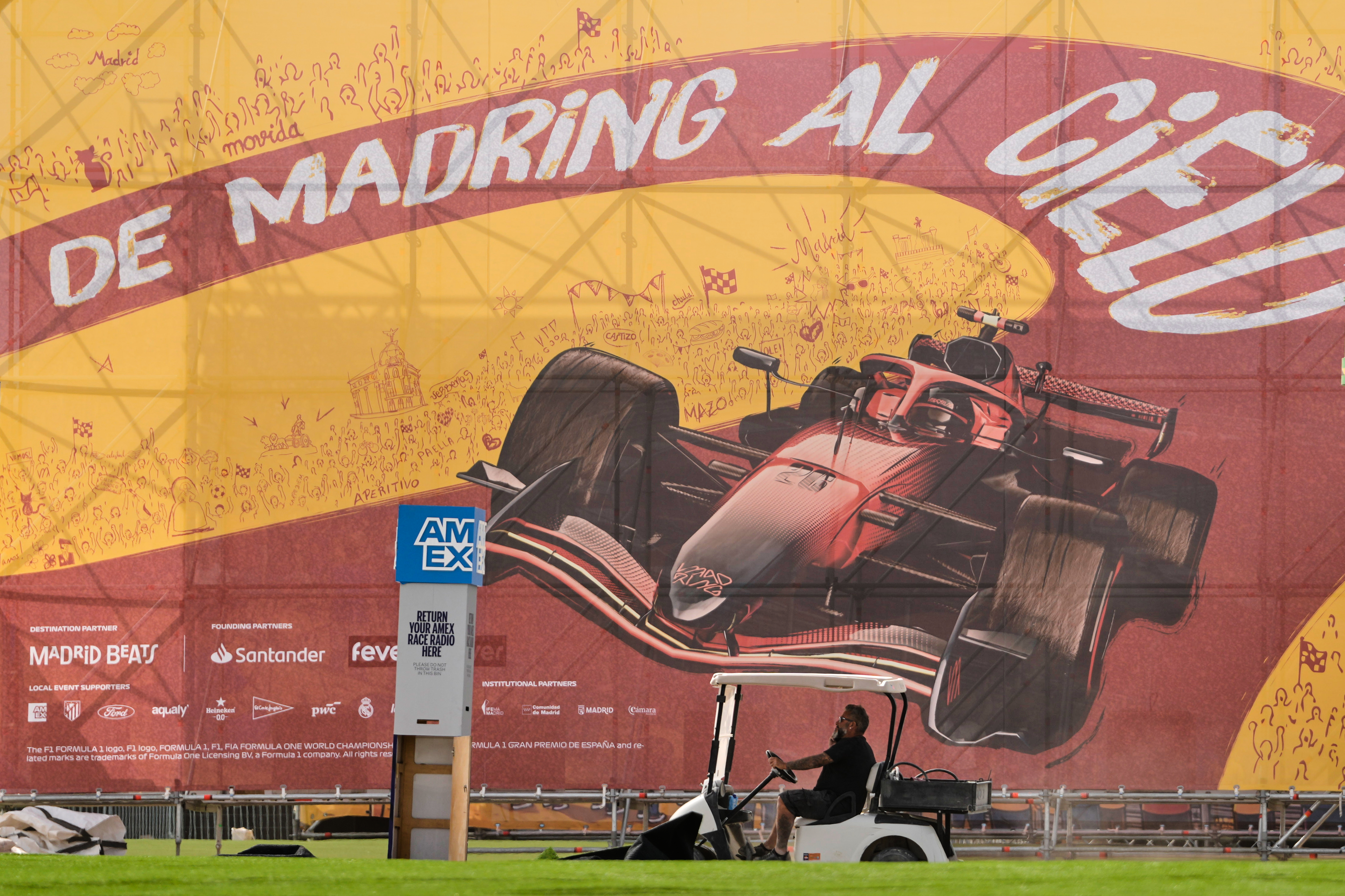 A man drives a golf cart inside the Spanish Grand Prix circuit in Madrid, Spain, Tuesday, Sept. 8, 2026. 