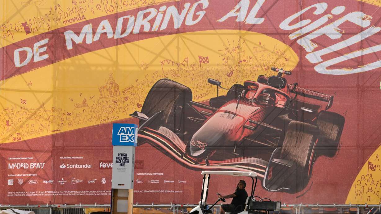 A man drives a golf cart inside the Spanish Grand Prix circuit in Madrid, Spain, Tuesday, Sept. 8, 2026.