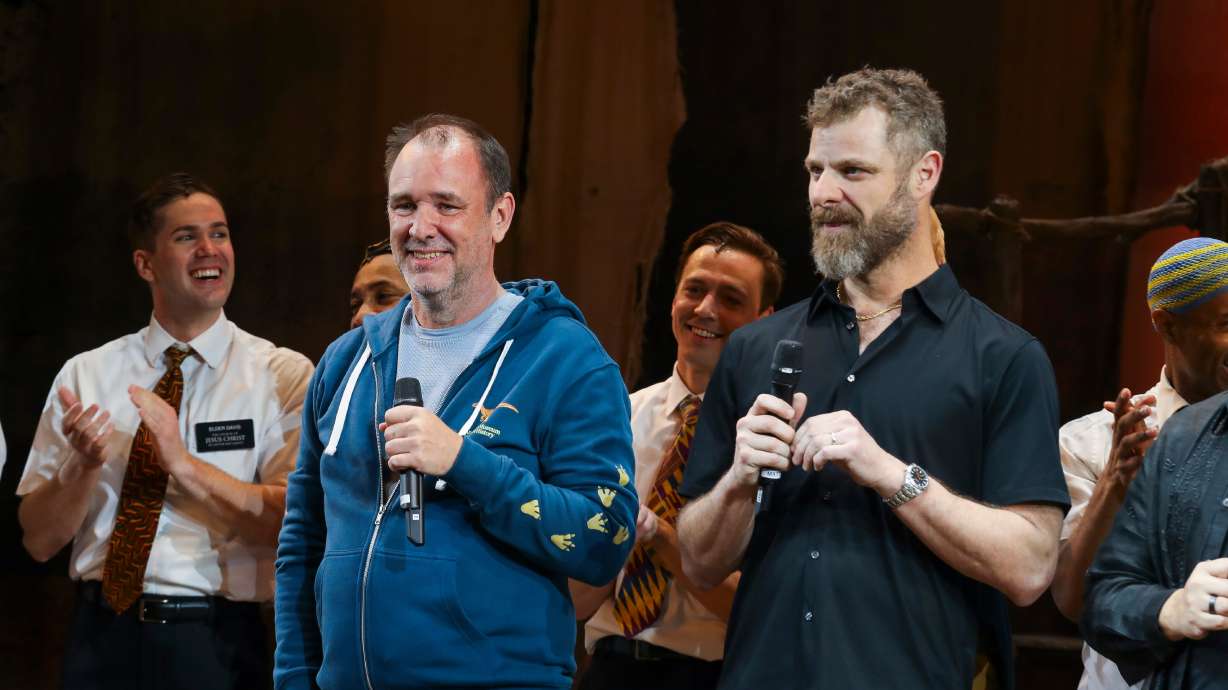 Trey Parker and Matt Stone, creators of the animated series "South Park" and the Broadway musical "The Book of Mormon," appear at a curtain call for the 15th anniversary performance of the musical on March 19, in New York. Parker and Stone "renamed" the series to "South America" in a jab to President Donald Trump on Wednesday.
