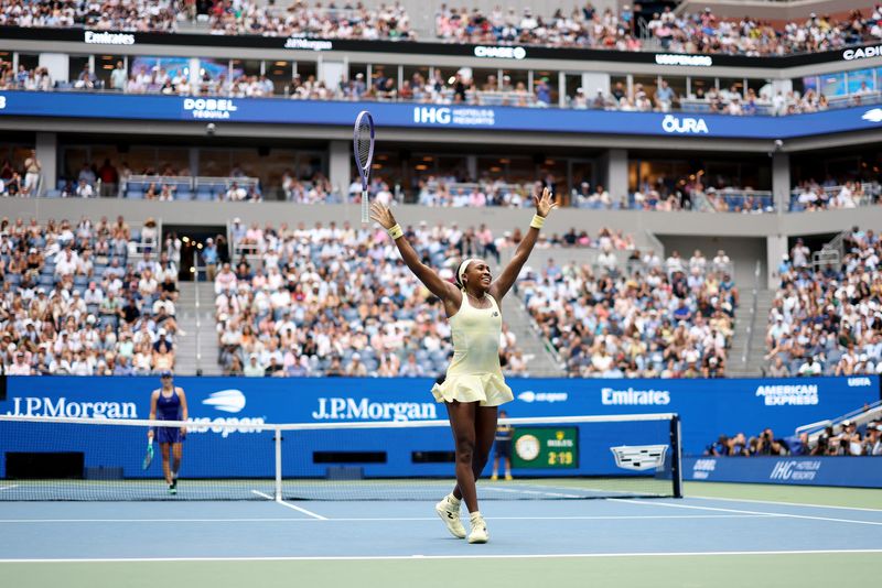 Tennis - U.S. Open - Flushing Meadows, New York, United States - September 9, 2026 Coco Gauff of the U.S. celebrates winning her quarter final match against Russia's Mirra Andreeva IMAGN IMAGES via Reuters/Geoff Burke