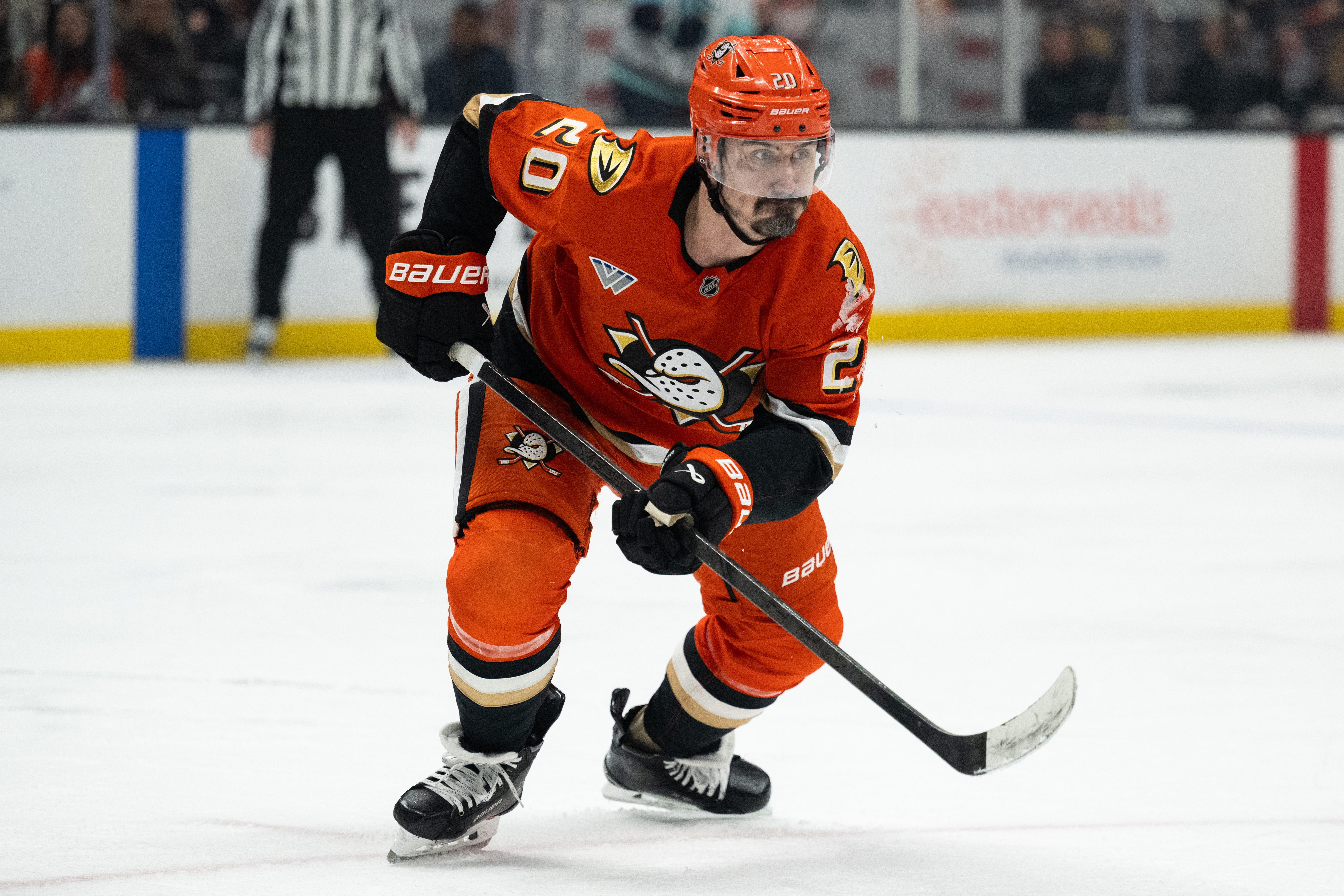FILE - Anaheim Ducks left wing Chris Kreider skates during an NHL hockey game against the Seattle Kraken, Feb. 3, 2026, in Anaheim, Calif. 