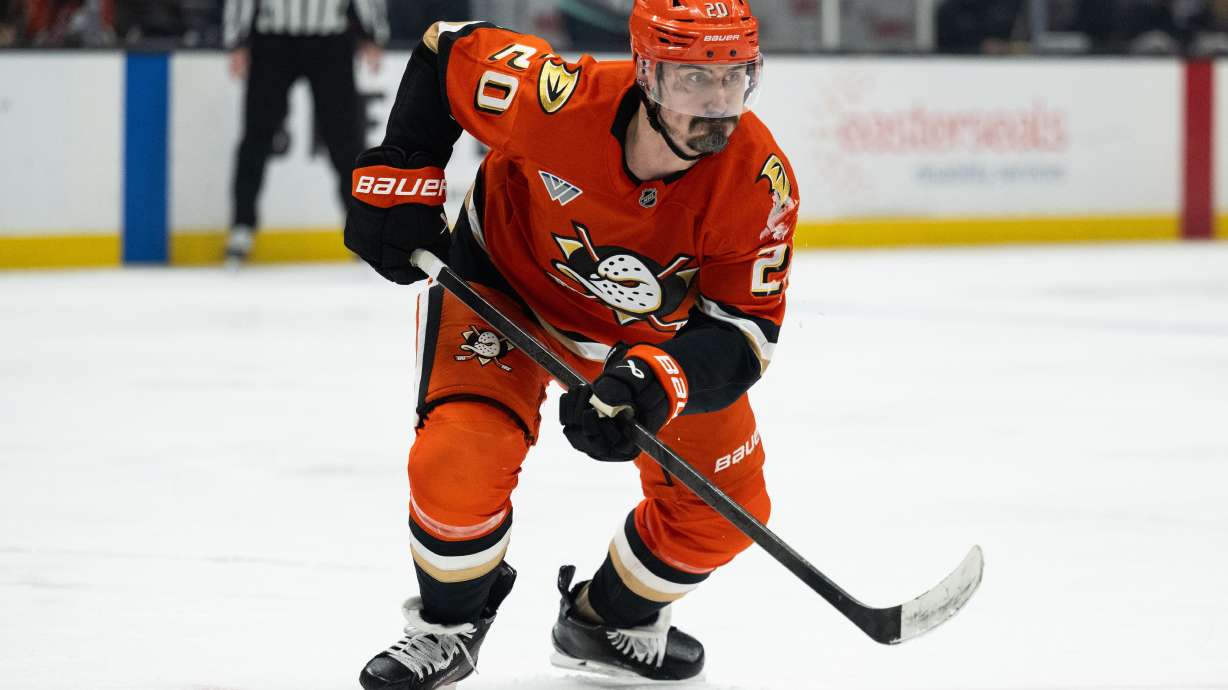 FILE - Anaheim Ducks left wing Chris Kreider skates during an NHL hockey game against the Seattle Kraken, Feb. 3, 2026, in Anaheim, Calif.
