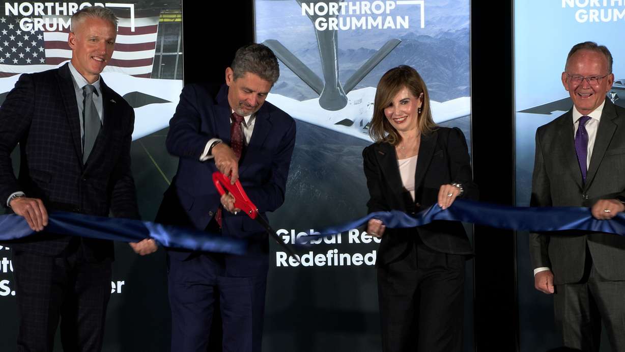 Northrop Grummon and Utah leaders formally unveiled a new facility on Wednesday in Layton near Hill Air Force Base that will aid in B-21 Raider production. Tom Jones, Northrop corporate vice president, cuts a ribbon to unveil the facility with others.