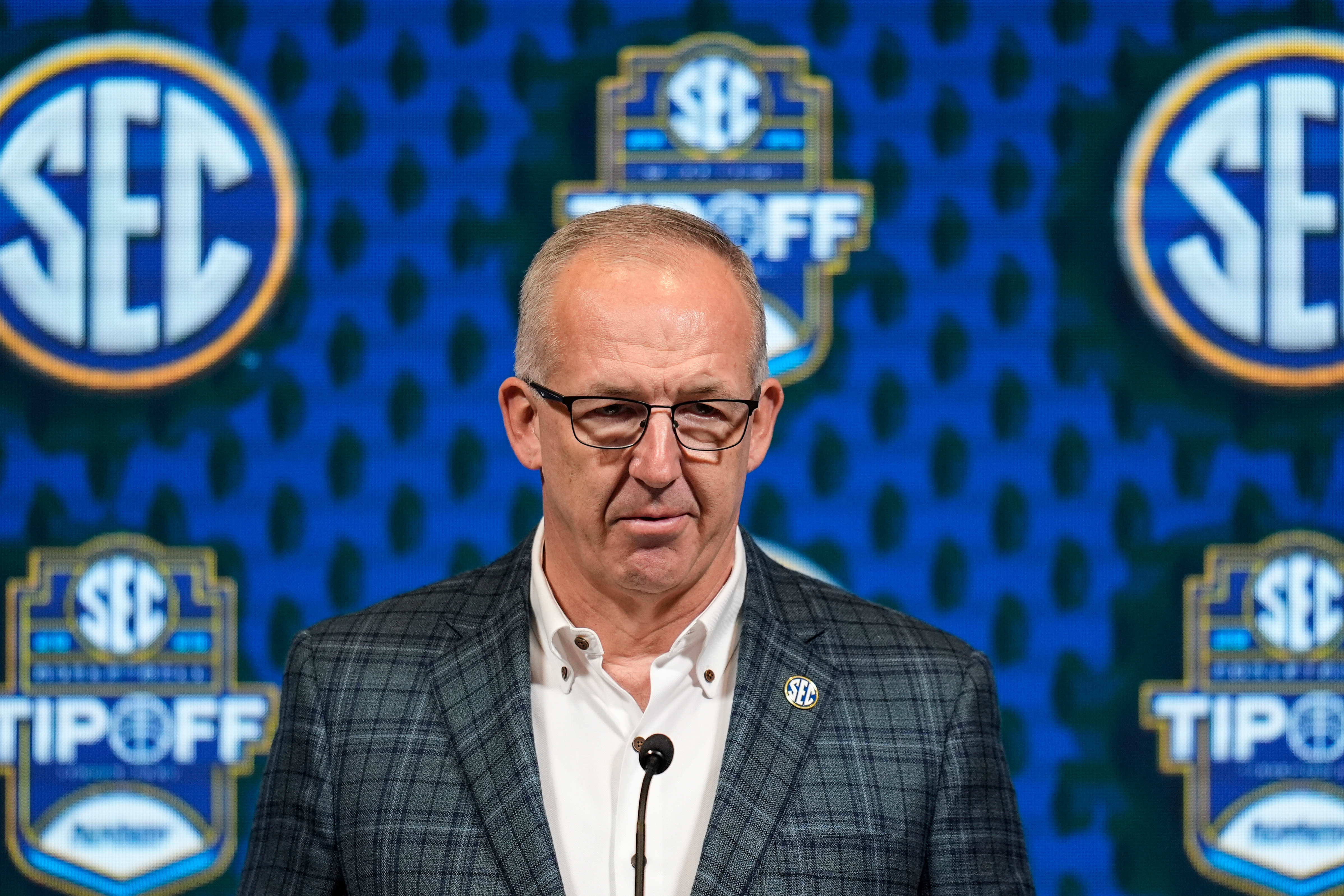 FILE - Greg Sankey, commissioner of the Southeastern Conference, speaks during NCAA college basketball women's SEC Media Day, Oct. 16, 2024, in Birmingham, Ala. 
