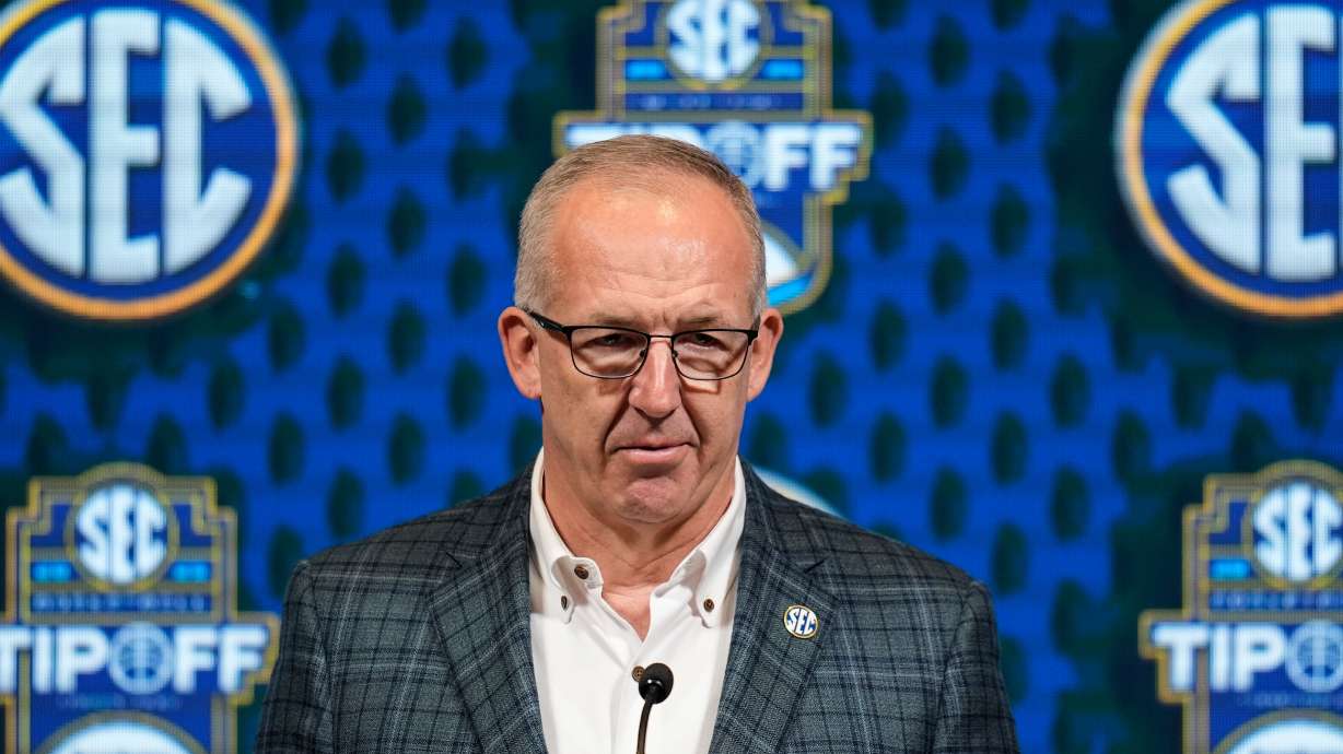 FILE - Greg Sankey, commissioner of the Southeastern Conference, speaks during NCAA college basketball women's SEC Media Day, Oct. 16, 2024, in Birmingham, Ala.