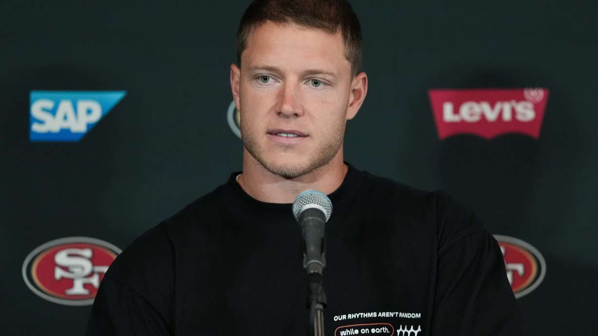San Francisco 49ers running back Christian McCaffrey speaks to the media ahead of practice Monday, Sept. 7, 2026, in Melbourne, Australia, in preparation for an NFL football game against the Los Angeles, Rams.