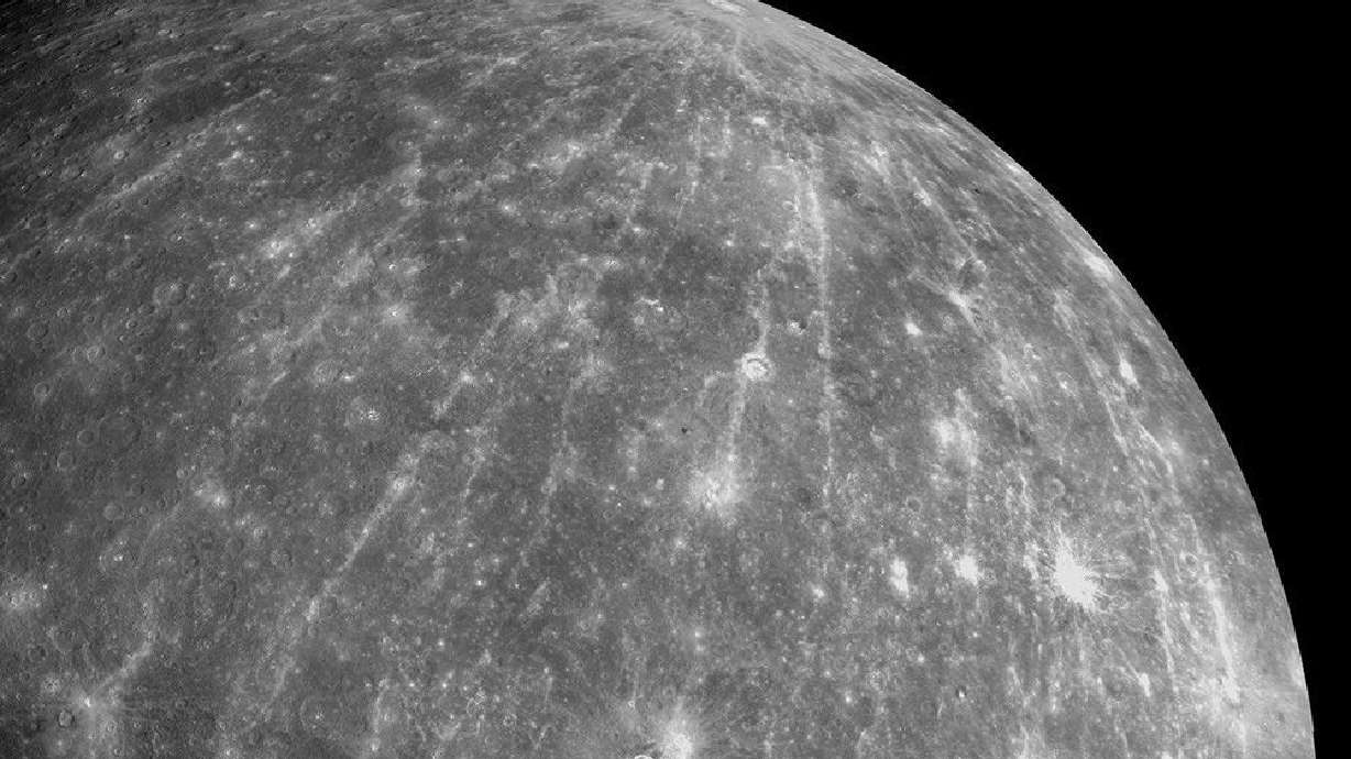 A mosaic of images taken by NASA's MESSENGER spacecraft shows impact craters on Mercury in October 2008.